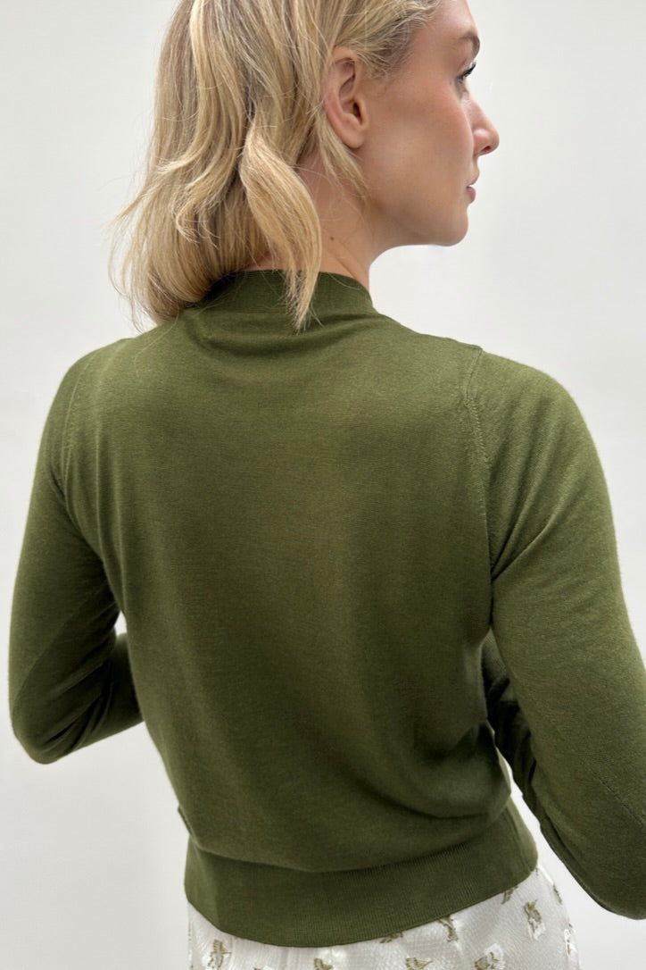 Maeser dark green olive cashmere silk v neck cardigan back view