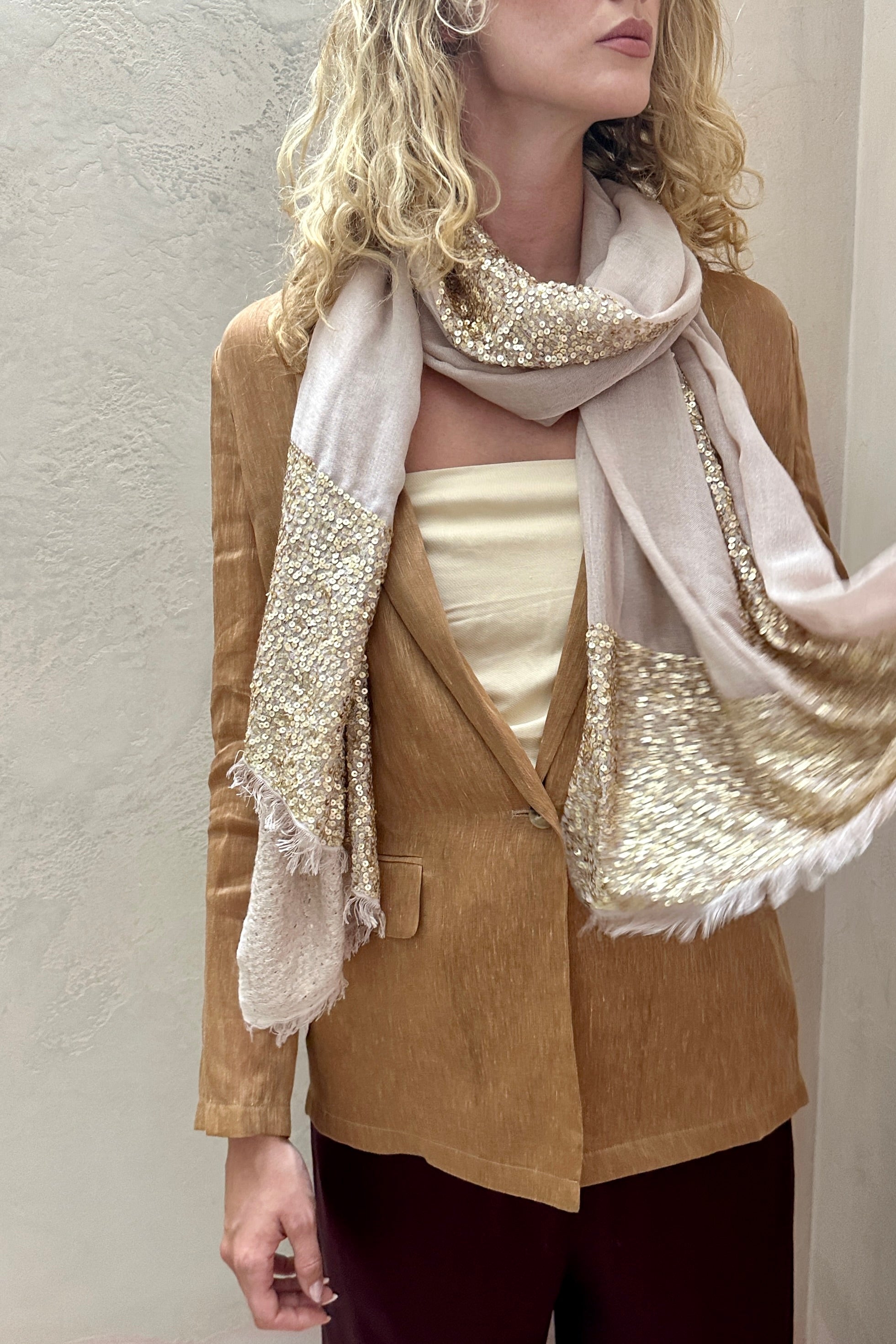 sparkle bare champagne beige scarf with gold sequin details.