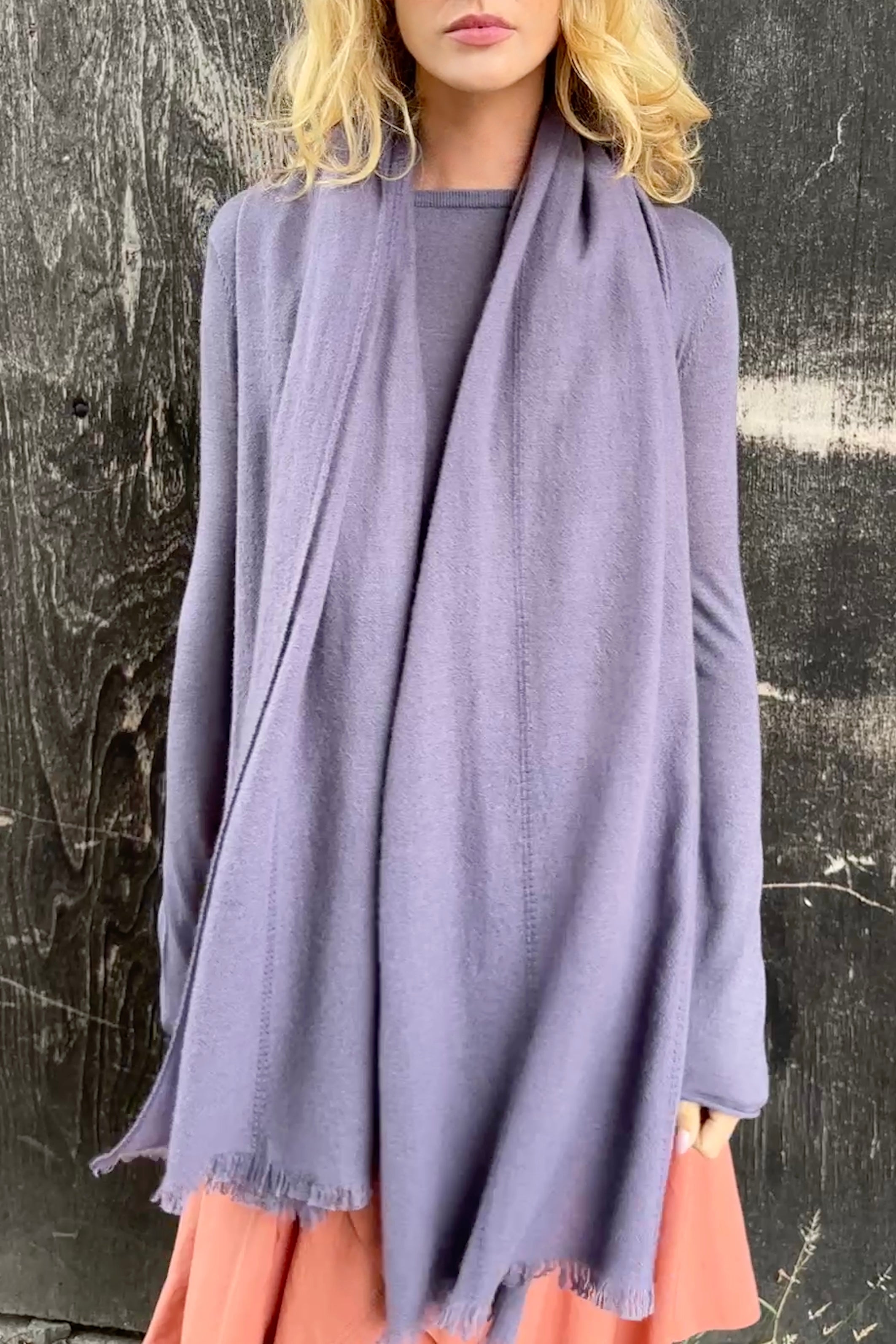 model wearing purple smoke cashmere scarf shawl