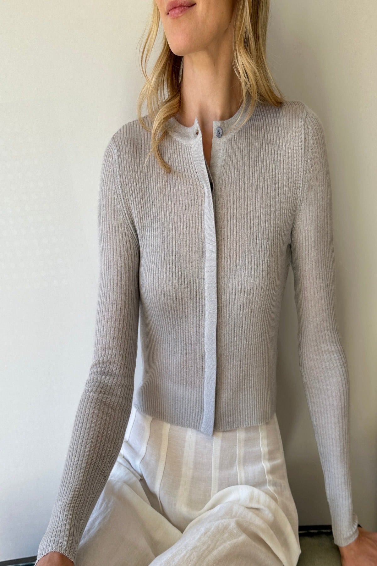 roxy dove grey rib knit crew neck cardigan