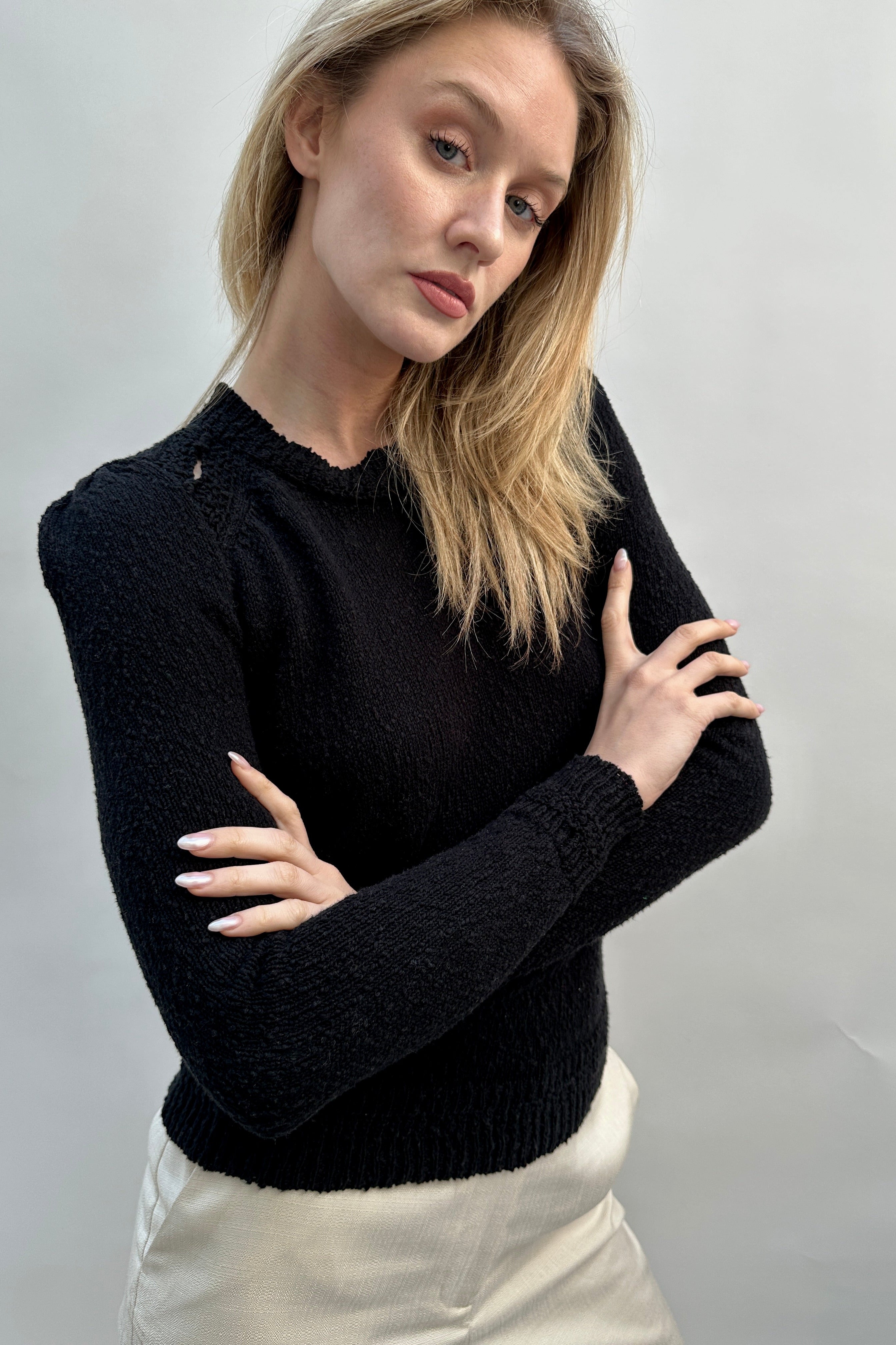 Rainey black cotton slub knit round neck top