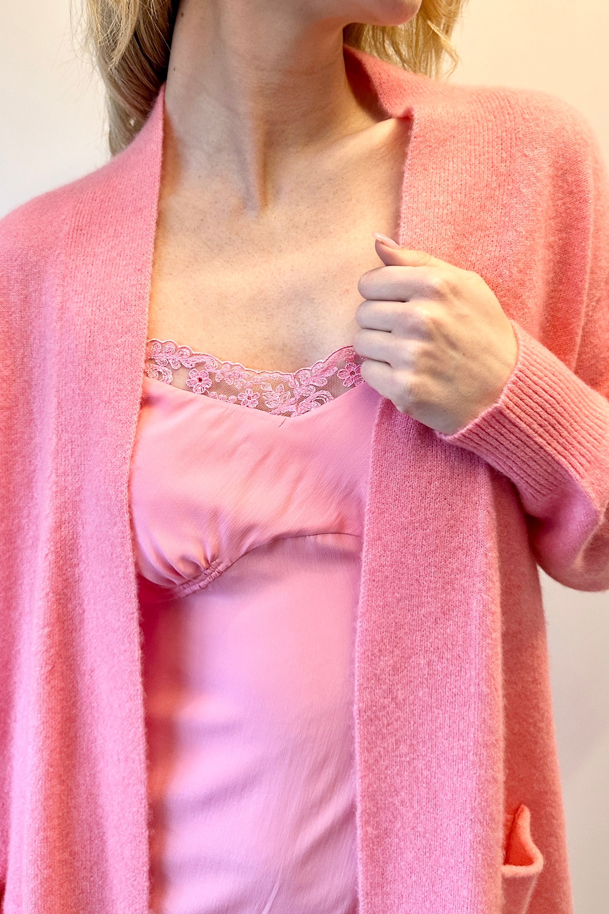 ally pink cashmere silk cardigan close up