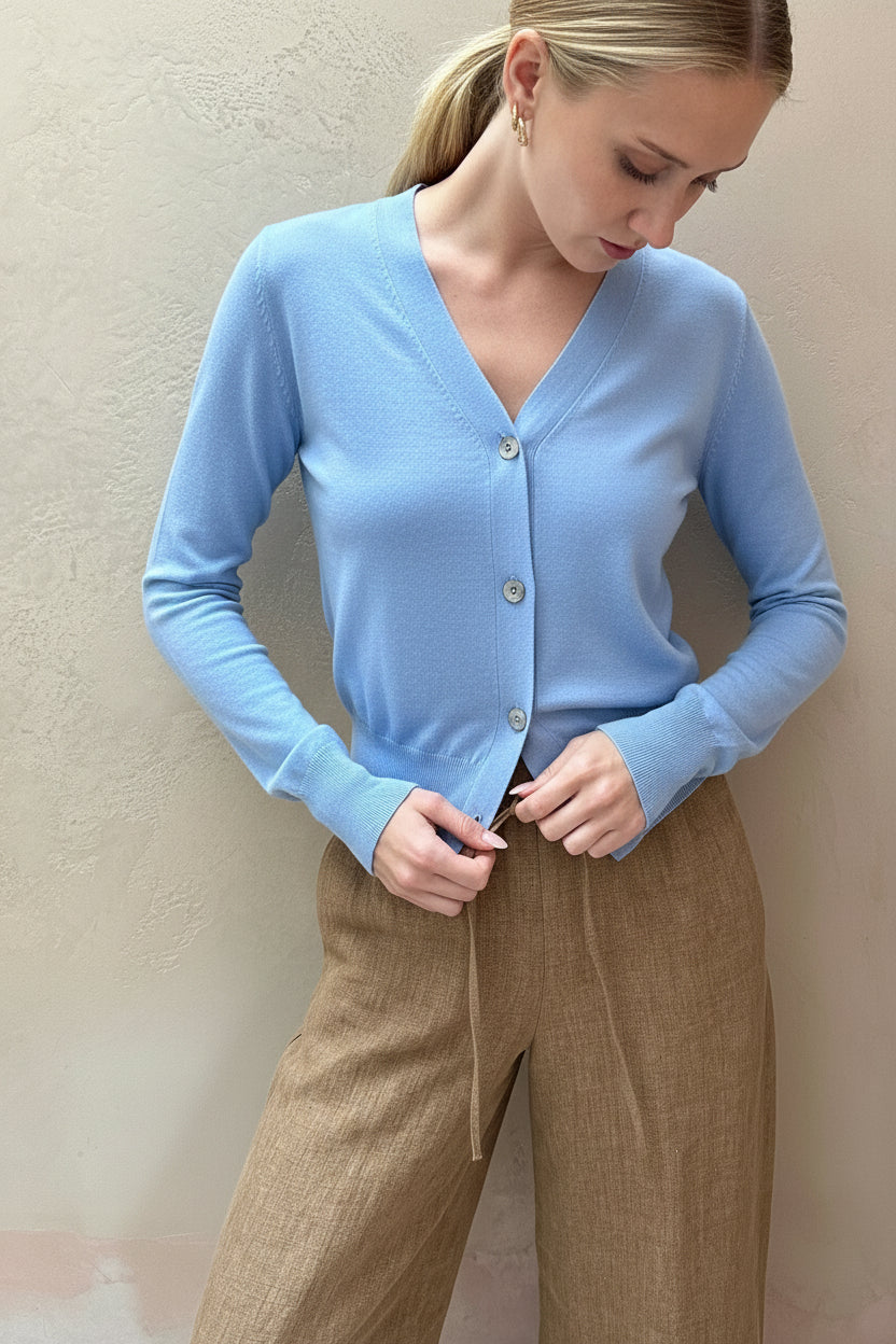 Maeser v neck cotton silk blue cornflower cardigan head down