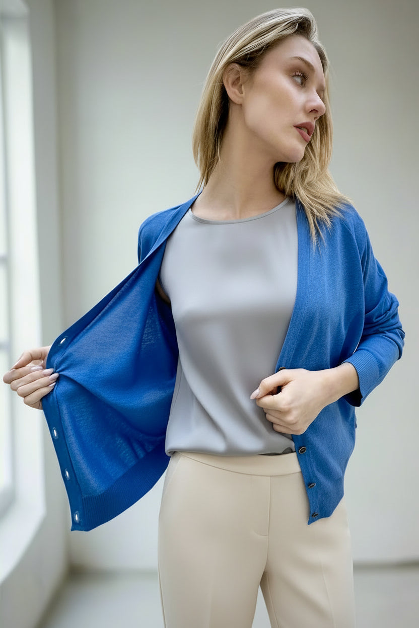 Bru silk cashmere cornflower blue v neck cardigan on model