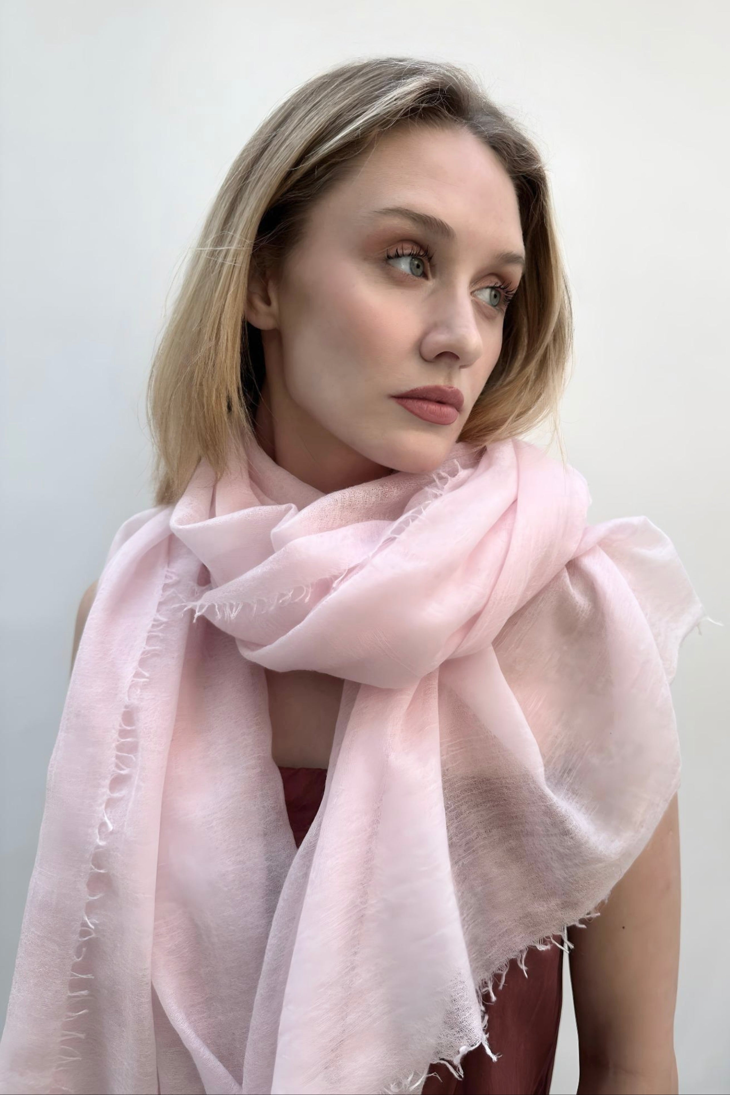 MARMEE PALE PINK CASHMERE SCARF ON MODEL