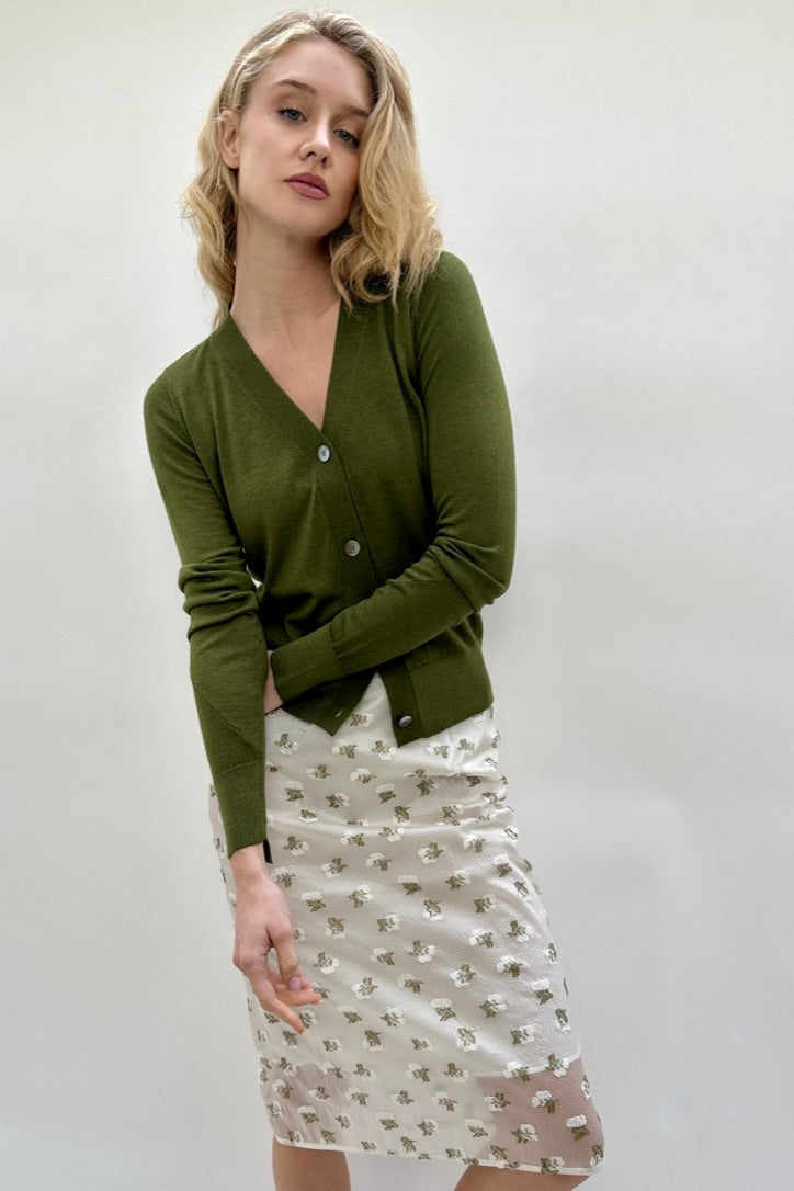Maeser dark green olive cashmere silk v neck cardigan