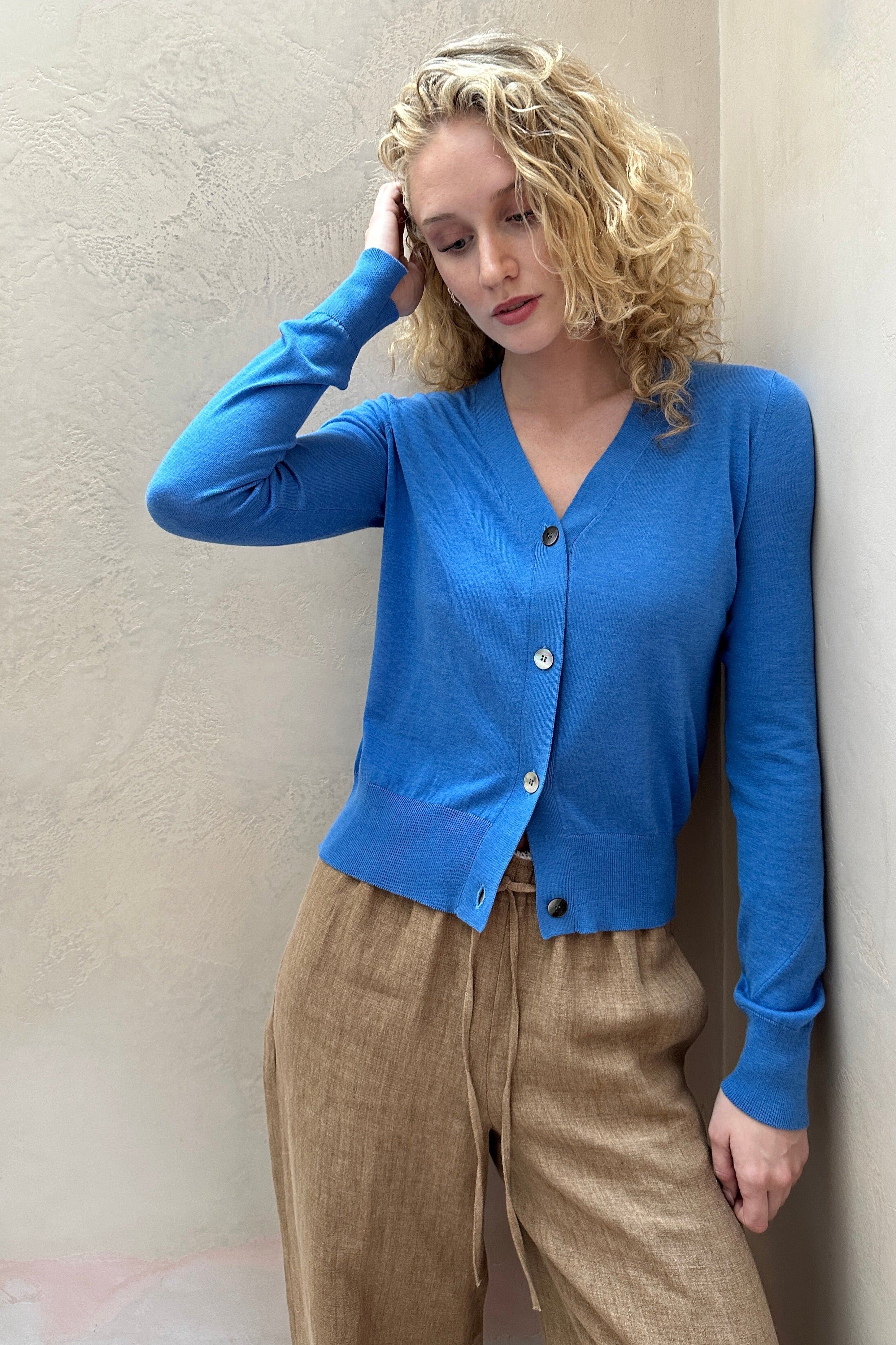 Maeser v neck cotton silk blue cornflower cardigan 2