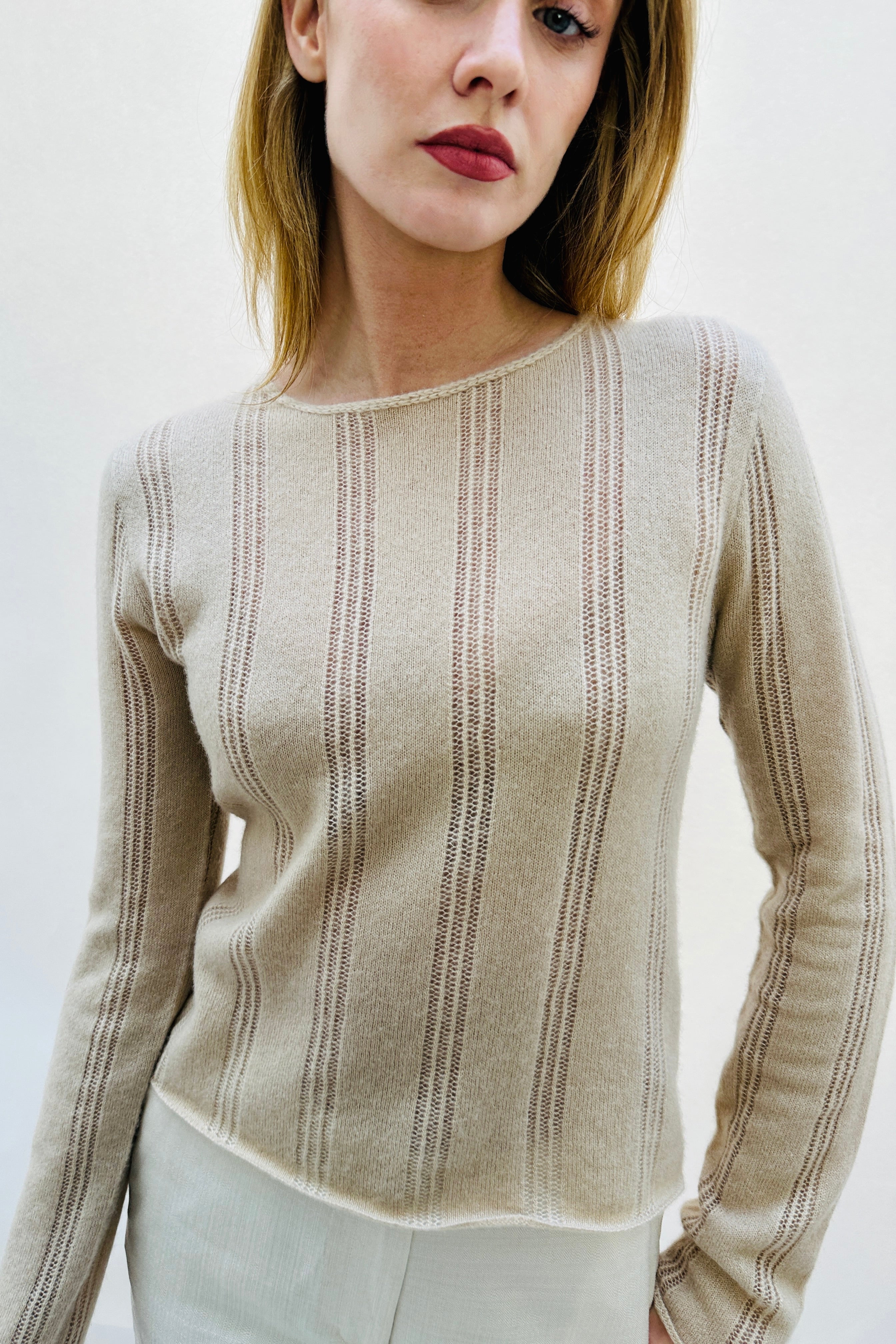 anna stripe cashmere silk round neck sweater on model
