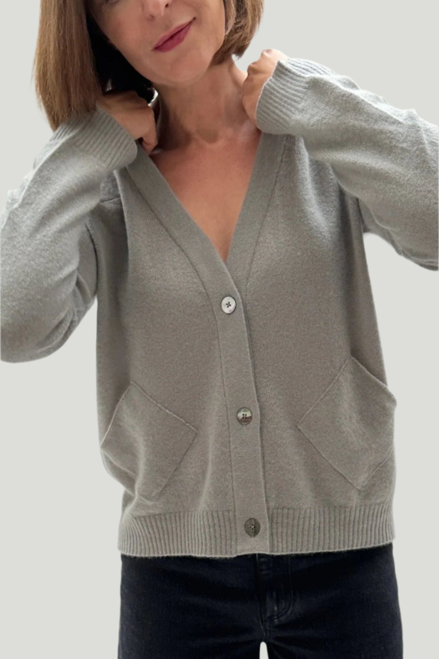 Zoloft cardigan in sage grey green cashmere with diagonal pockets