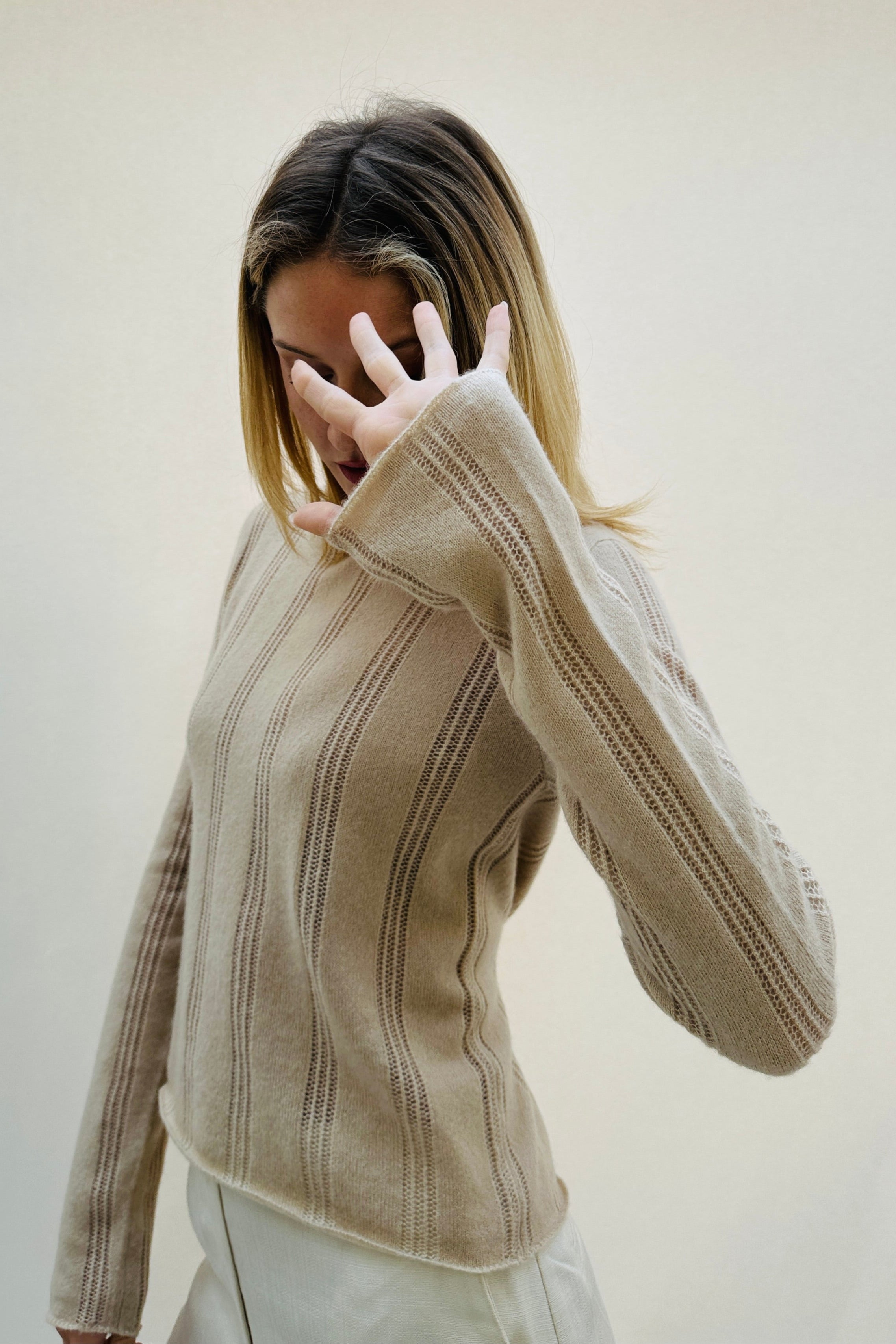anna stripe cashmere silk round neck sweater cream ecru shade  hand up