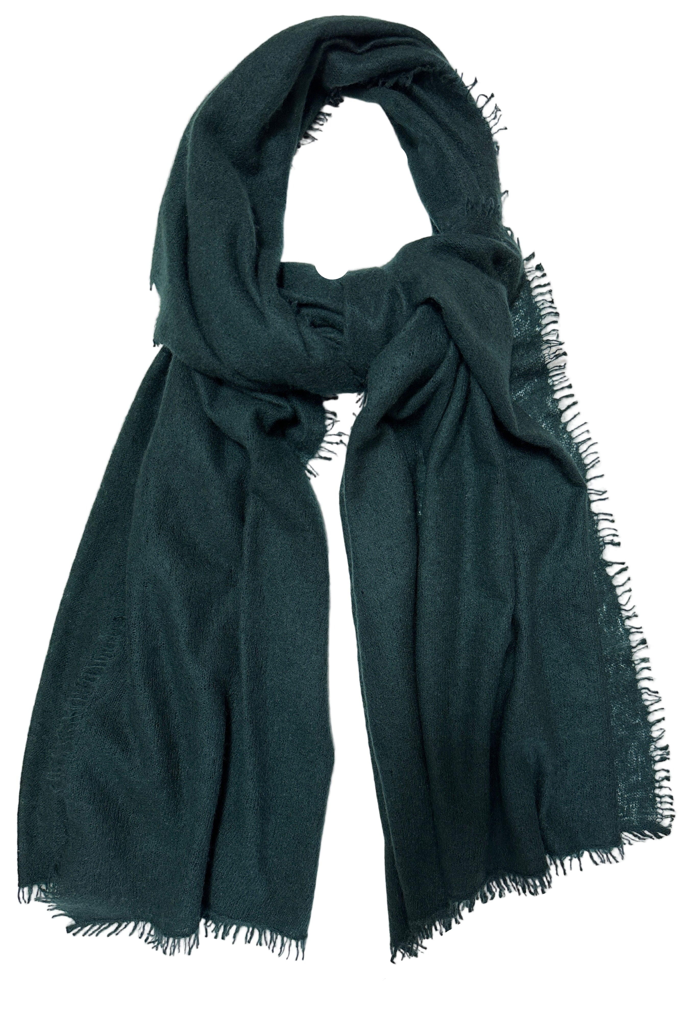 Eighty Mallard Peacock green bottle cashmere scarf flat lay