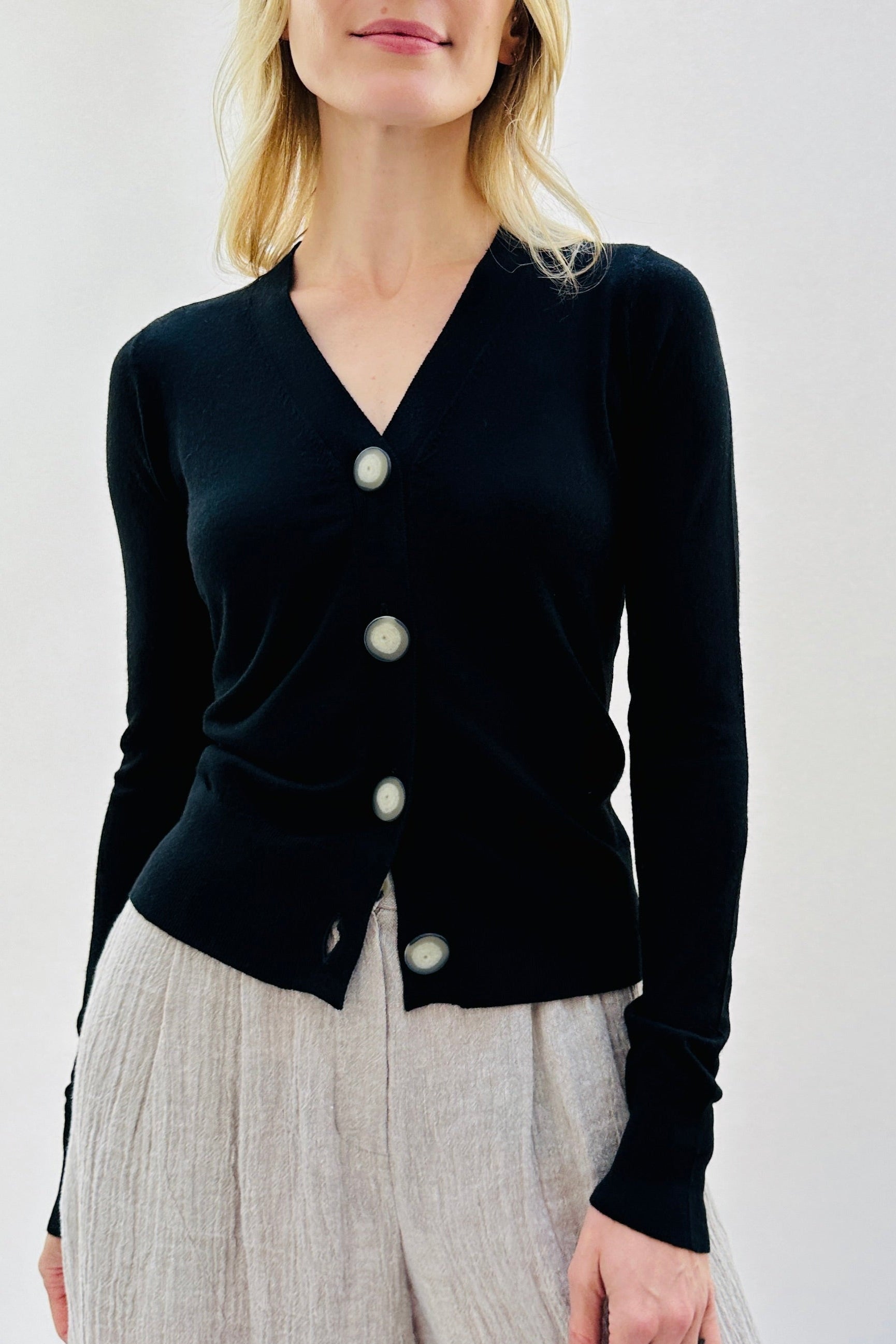 maeser v neck cardigan bone buttons black cashmere silk
