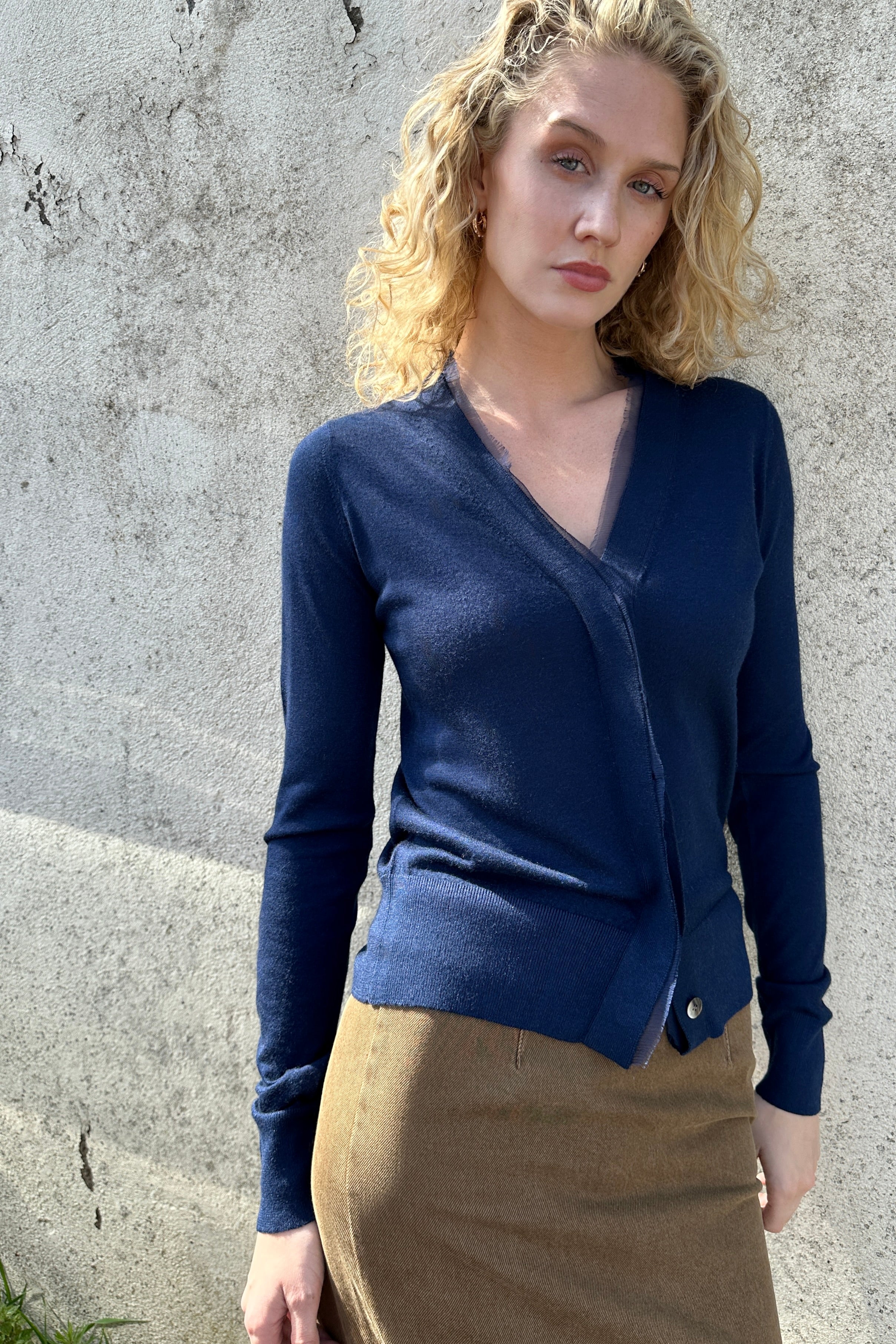 moby dark navy cardigan cashmere silk with silk trim front view