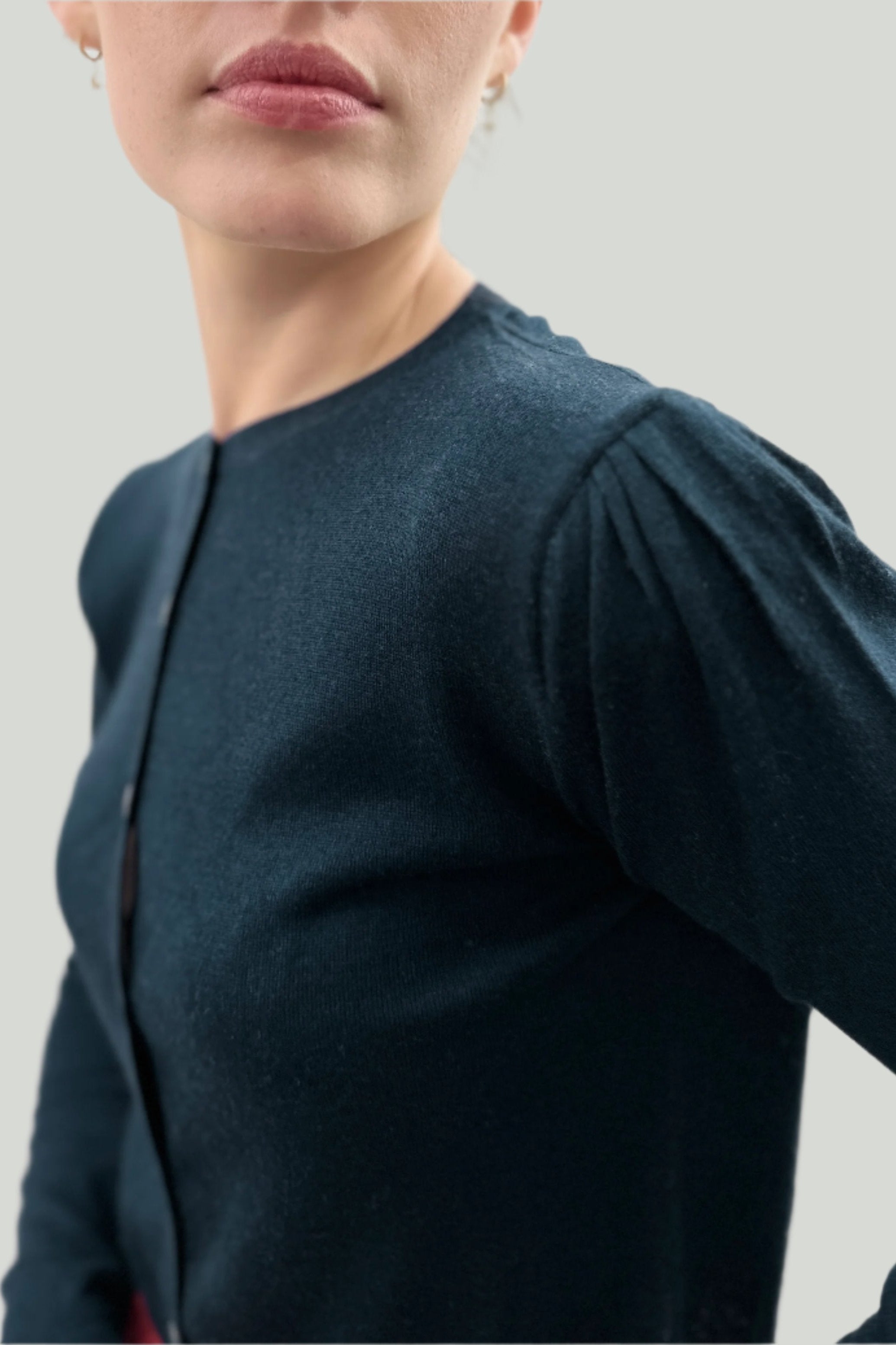 Nickola cashmere silk cardigan puff shoulder pleats close up