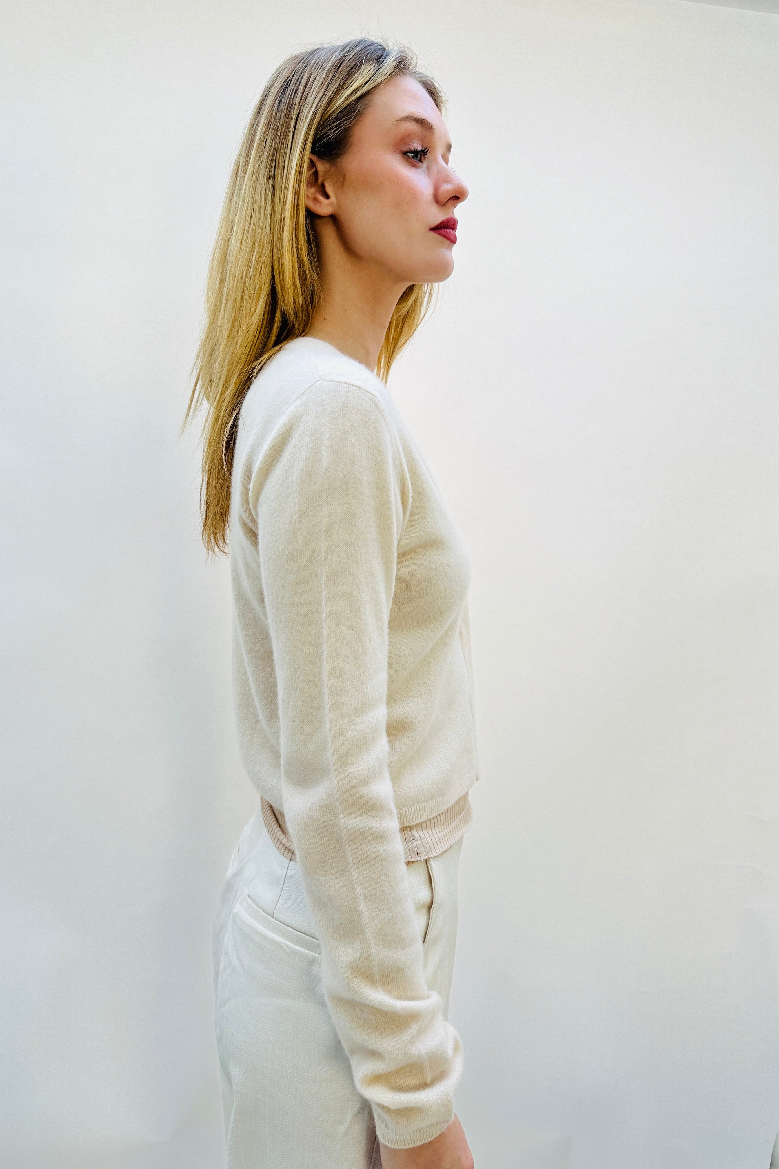 rox feather cahmere round neck cardigan side view