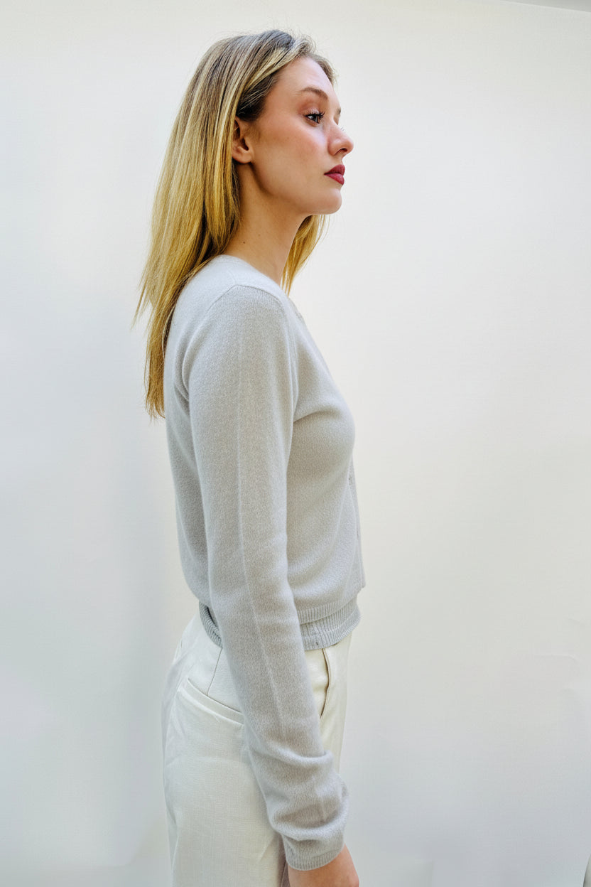 rox feather cahmere round neck cardigan side view