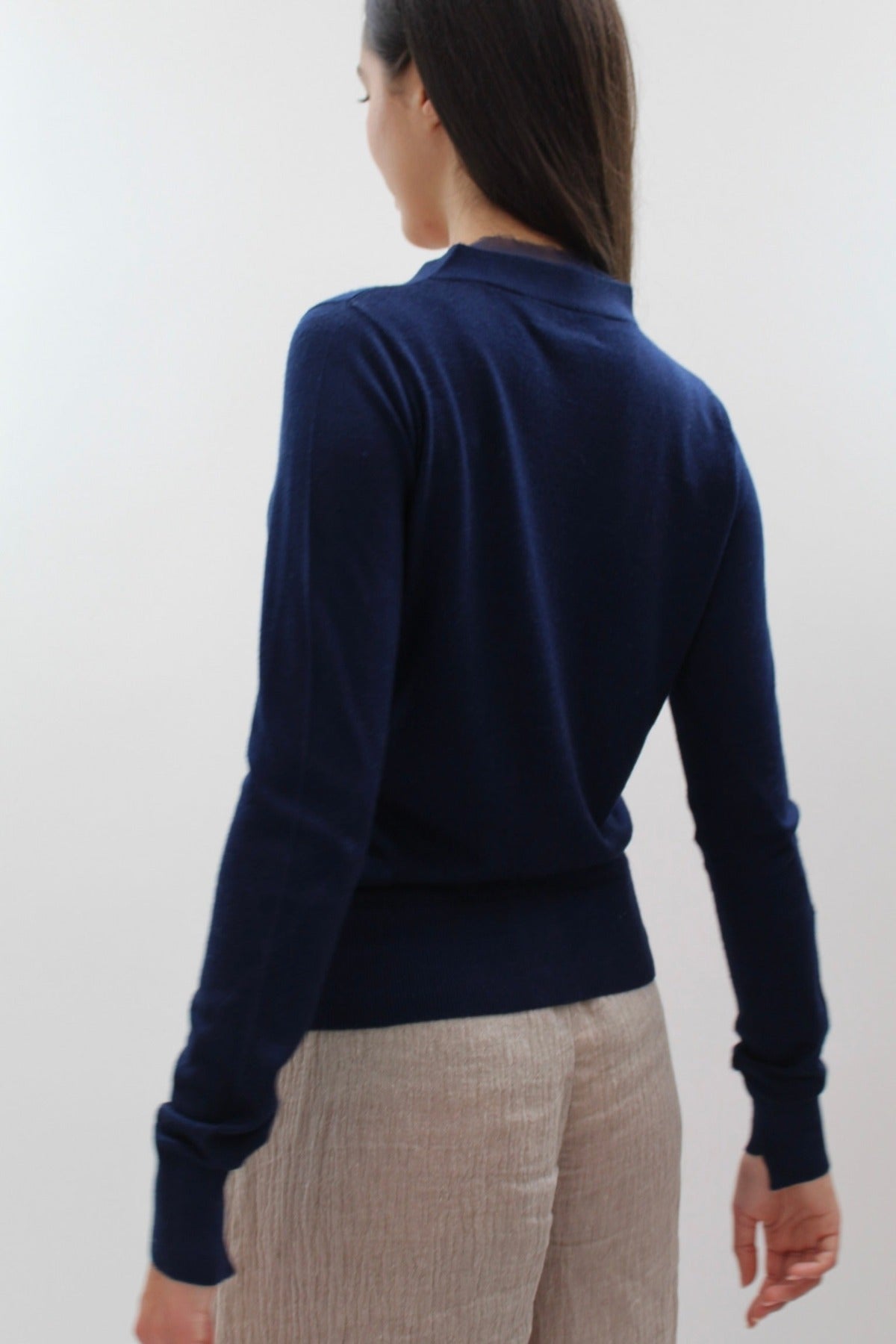 moby dark navy cardigan cashmere silk with silk trim back view