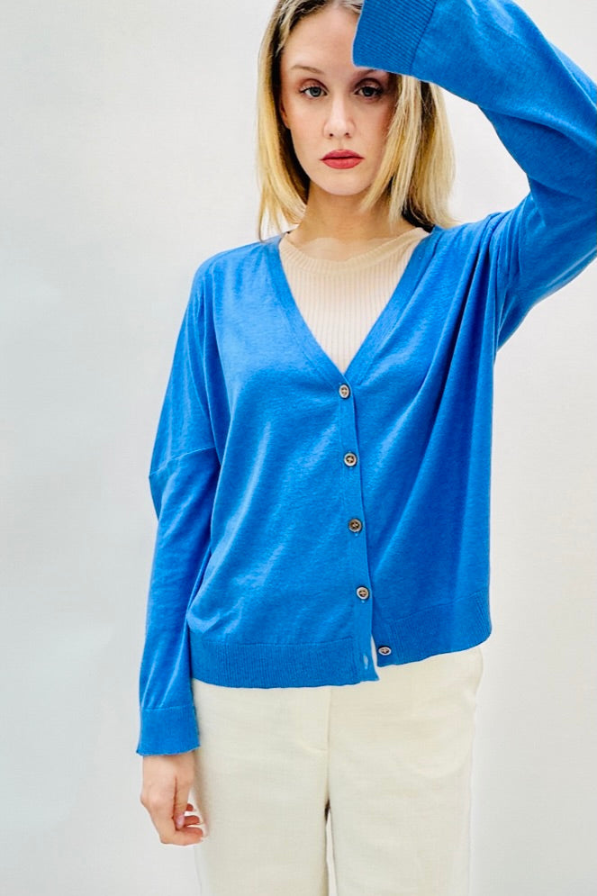 Bru silk cashmere cornflower blue v neck cardigan cuff detail