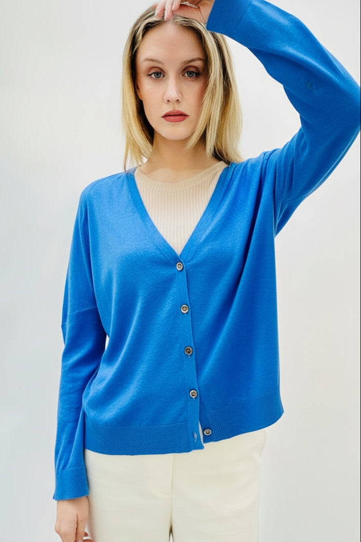 Bru silk cashmere cornflower blue v neck cardigan cuff detail