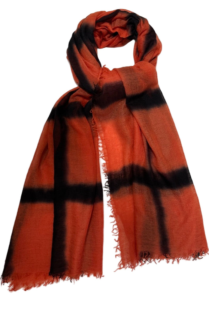 shiborisky orange black squares cashmere scarf flat lay