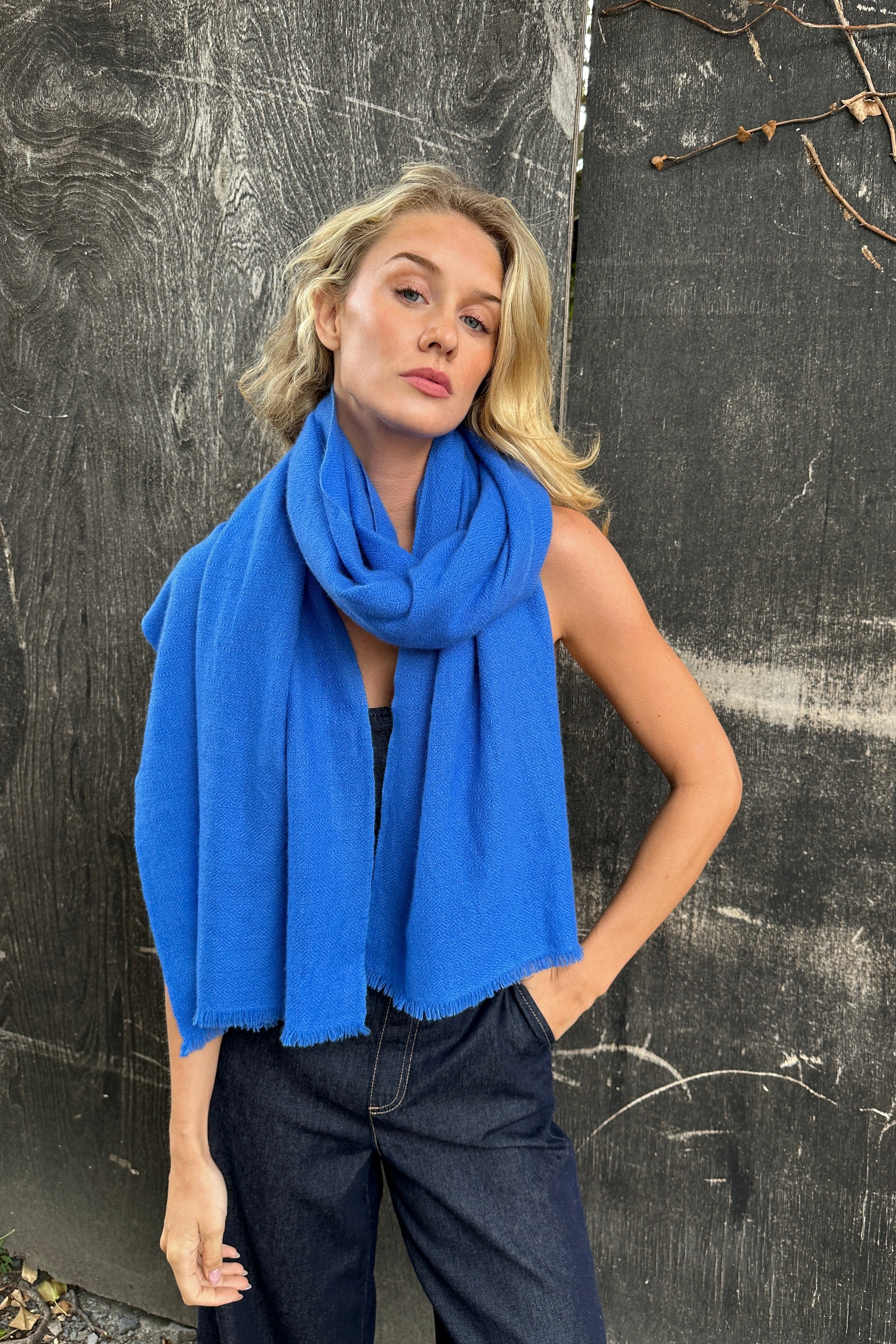model wearing a blue kitty neon electric cashmere scarf against a textured dark wall