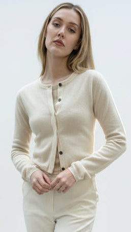 model in cashmere cream cardigan