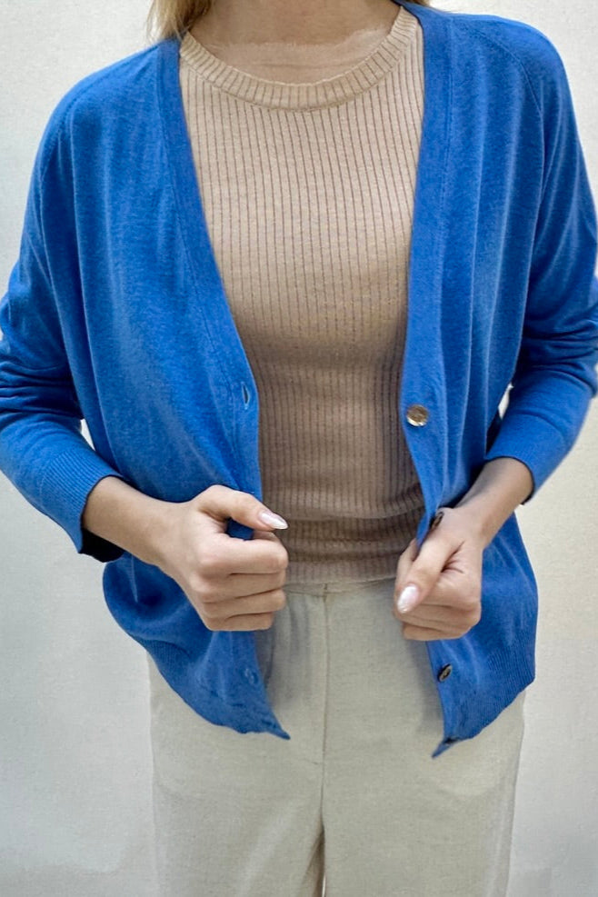 Bru silk cashmere cornflower blue v neck cardigan close up