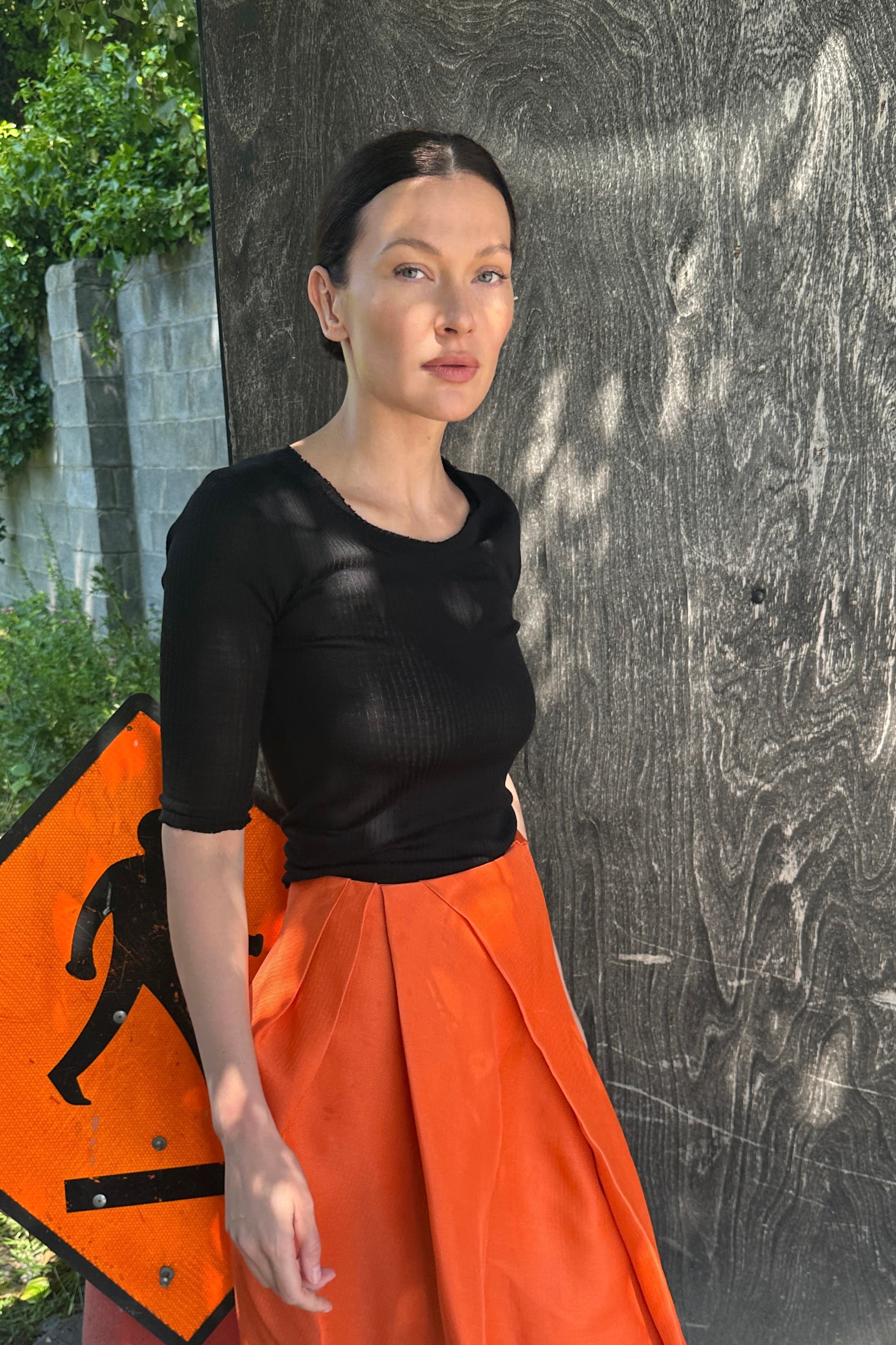 carly black rib knit silk t shirt