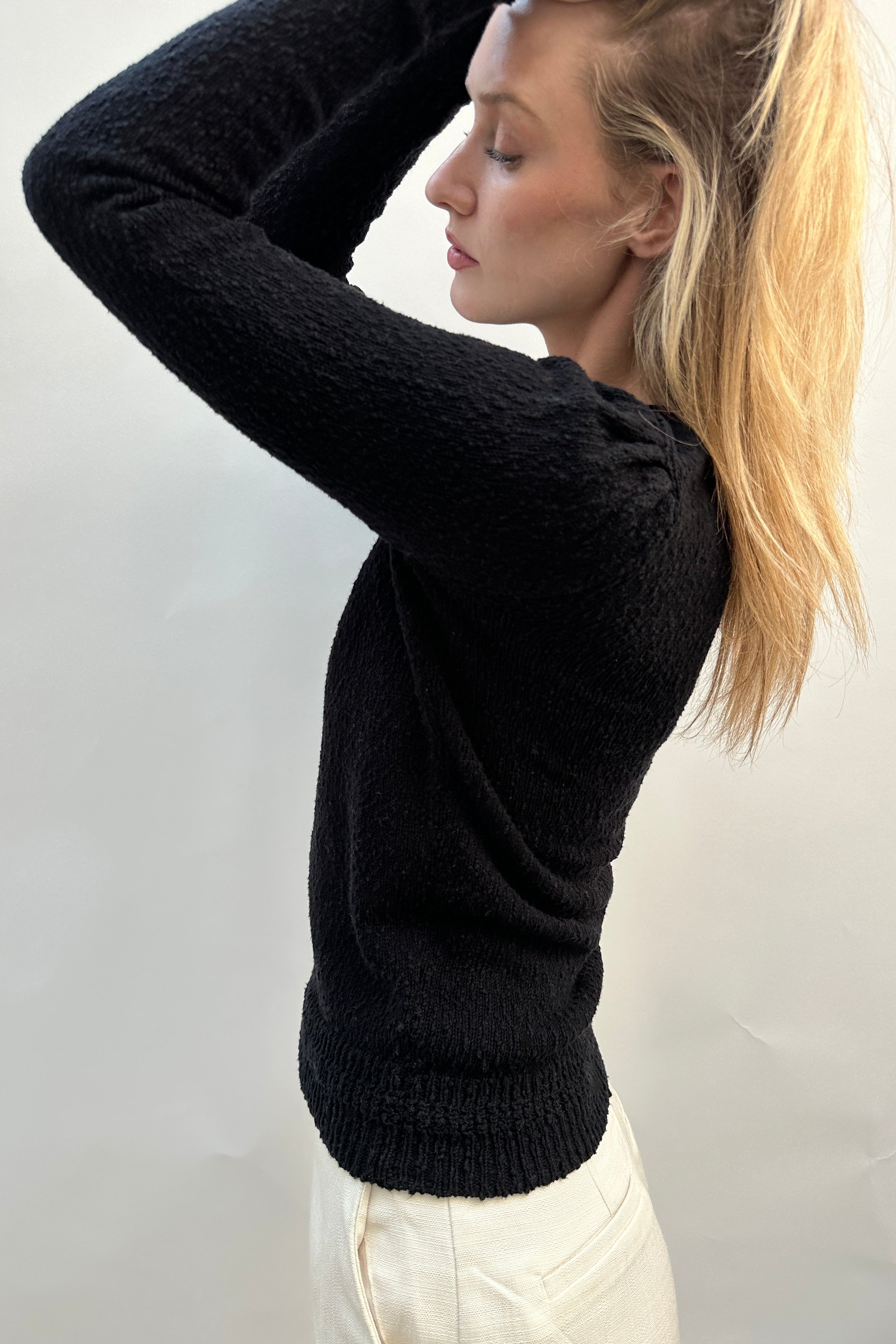 Rainey black cotton slub knit round neck top side view