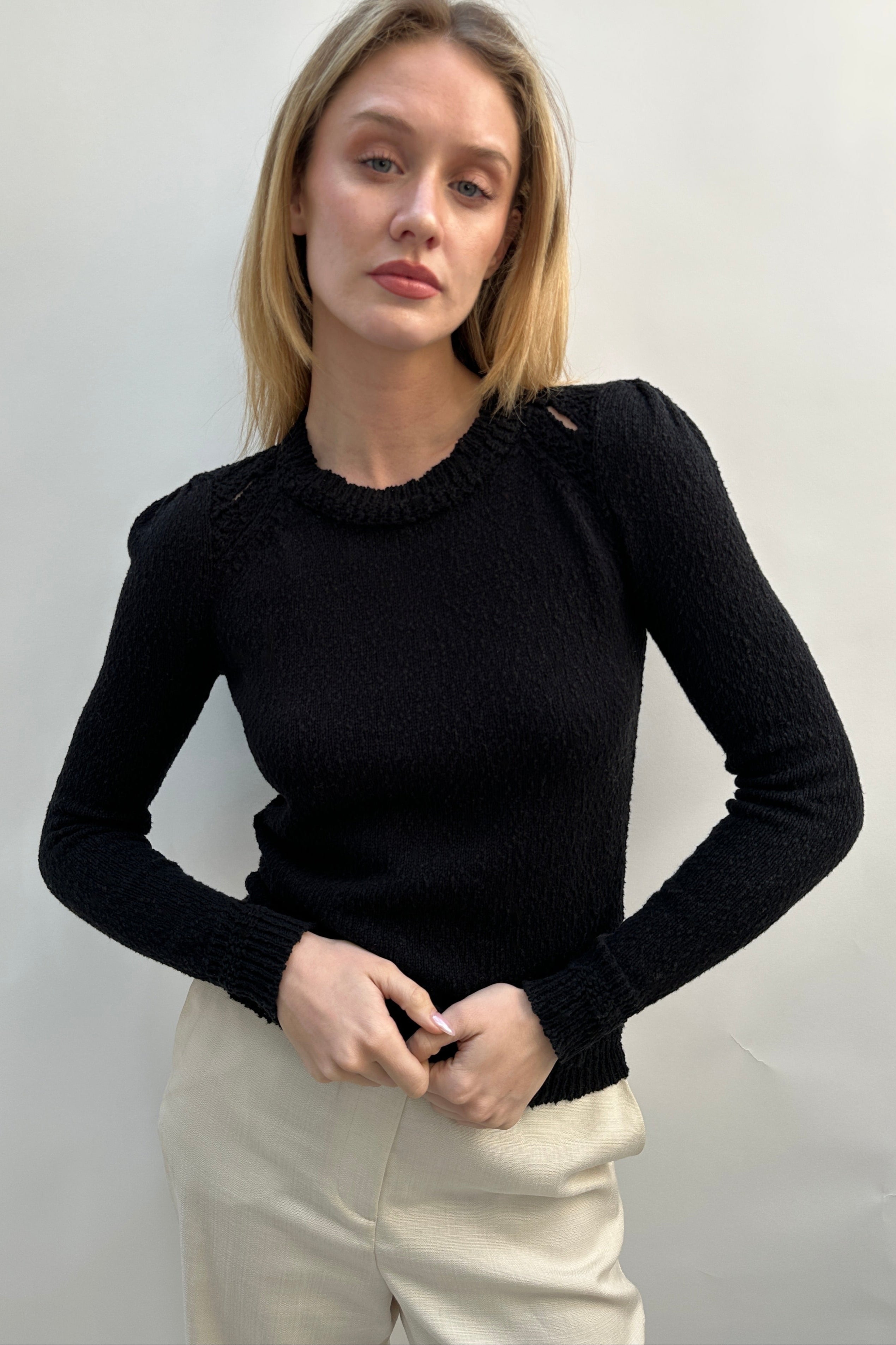 Rainey black cotton slub knit round neck top