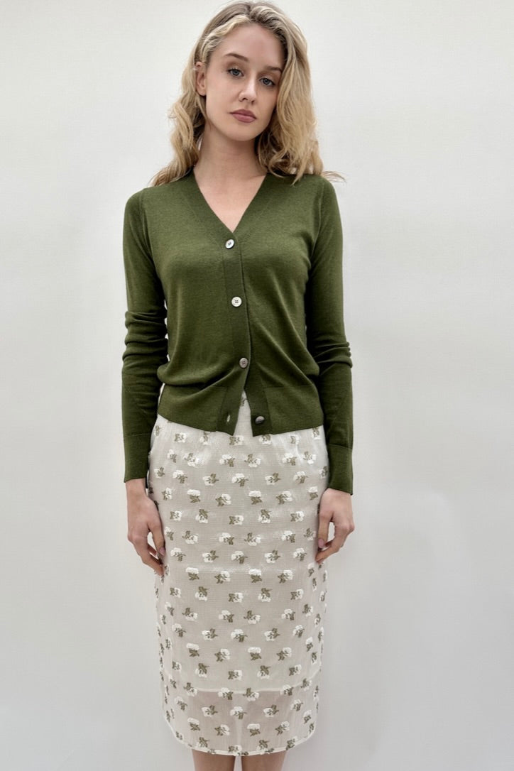 Maeser dark green olive cashmere silk v neck cardigan