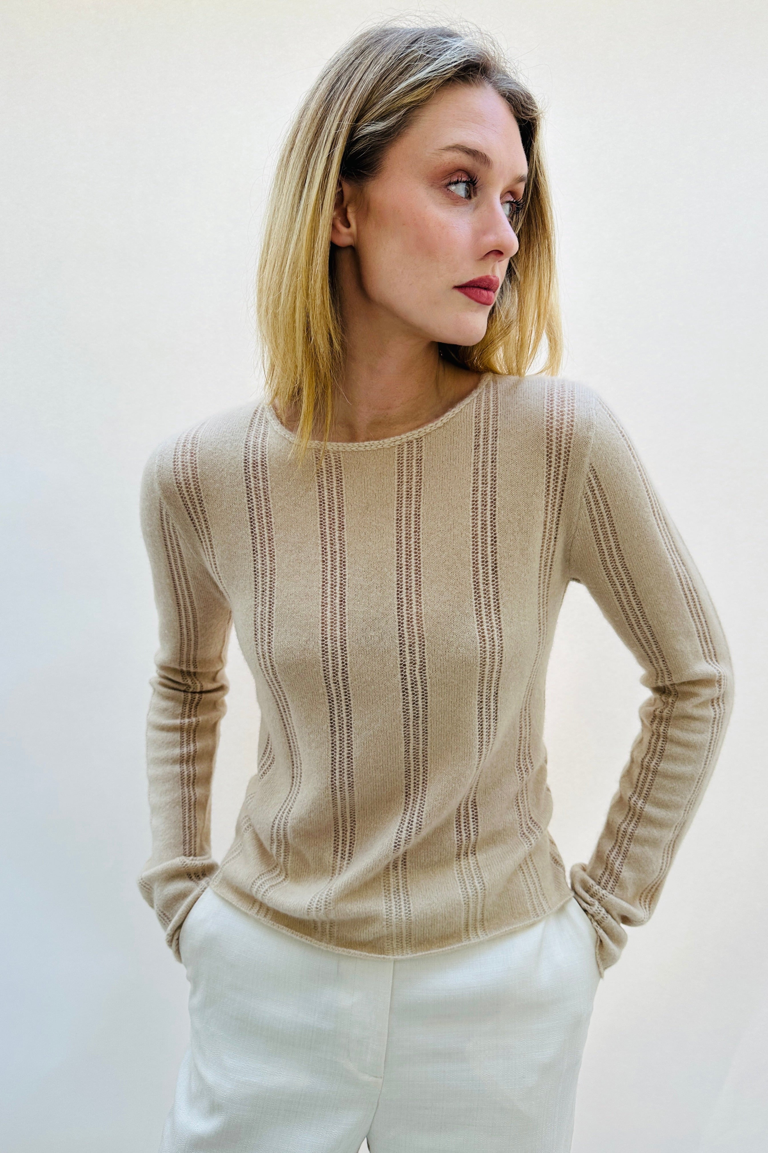 anna stripe cashmere silk round neck sweater on model 2