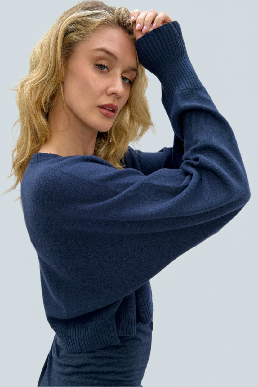 side view of Kurt navy crop cashmere sweater