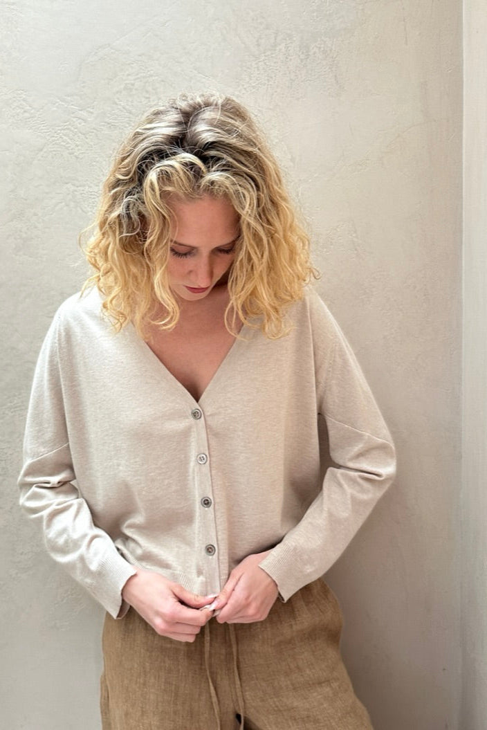 Bru Cream neutral slouchy v neck cardi front view