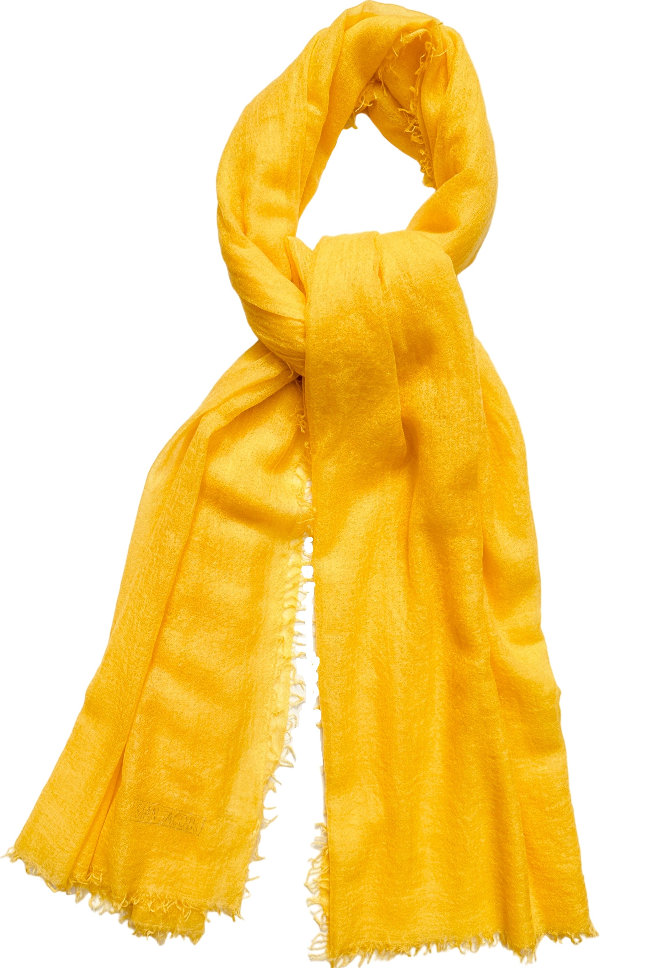 Marmee Mustard Yellow cashmere scarf with frayed edges on a white background