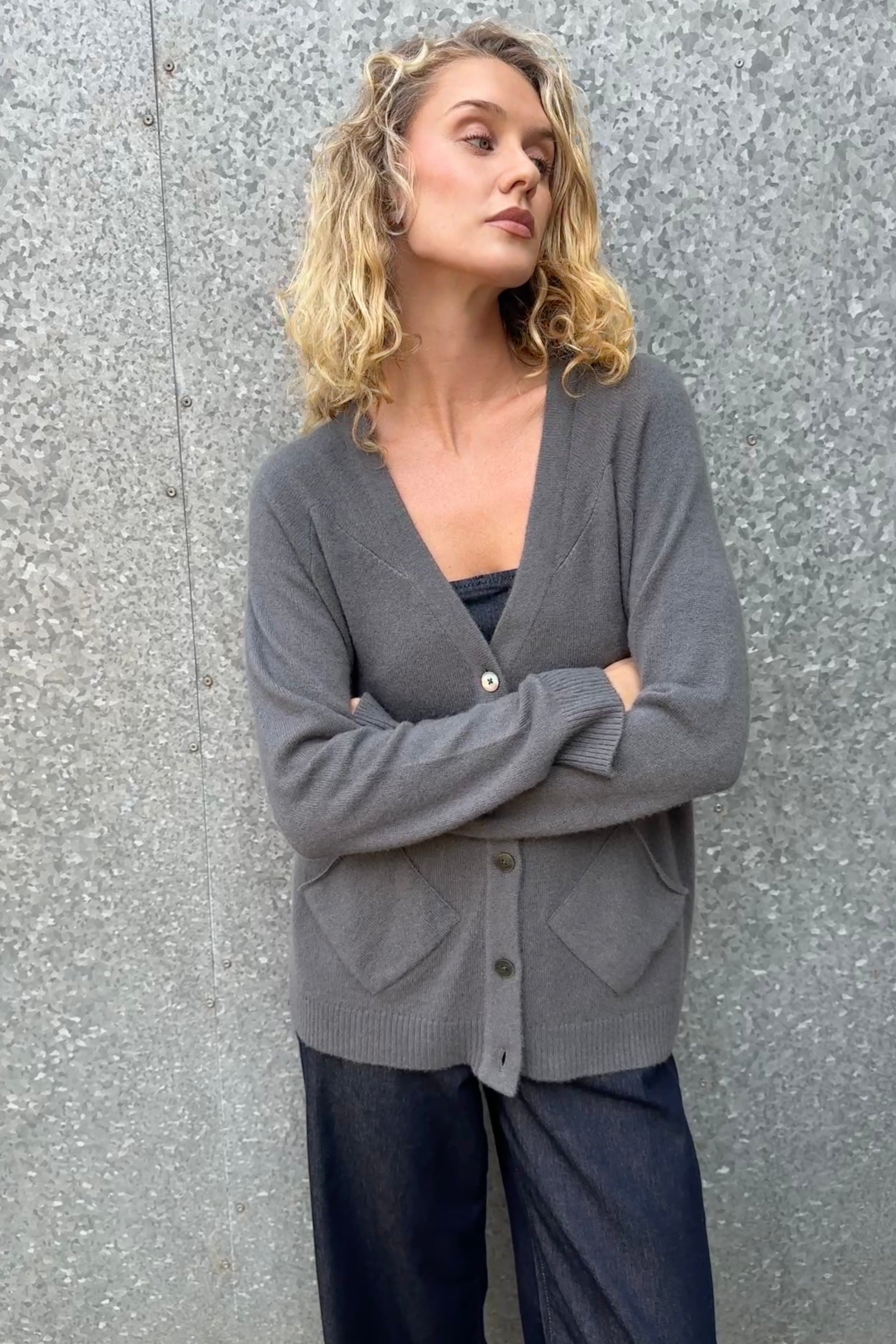 zola grey cashmere cardi v neck easy fit on model