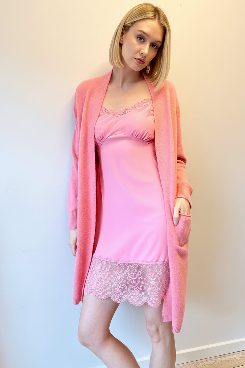 ally pink cashmere silk cardigan side view