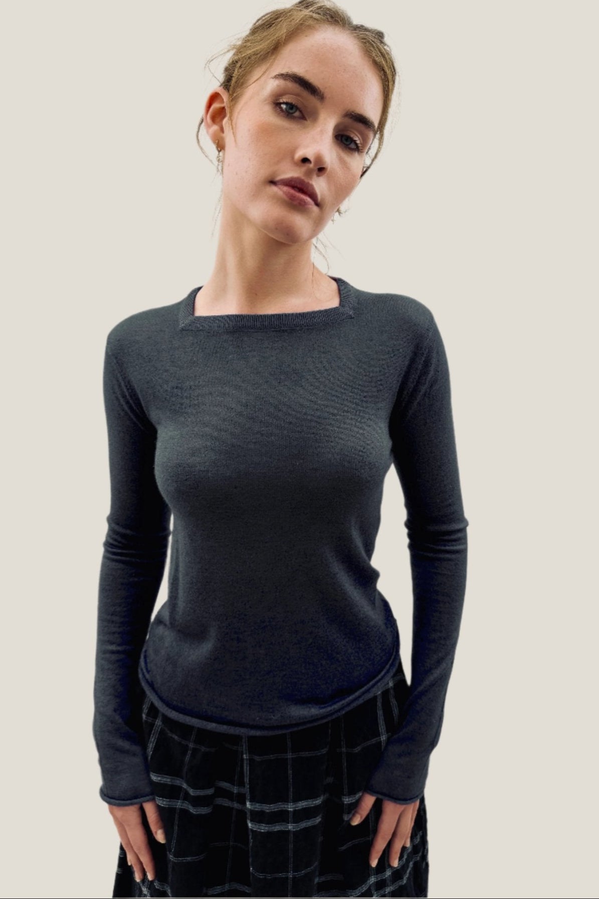 Lassa square neck black silk cashmere top