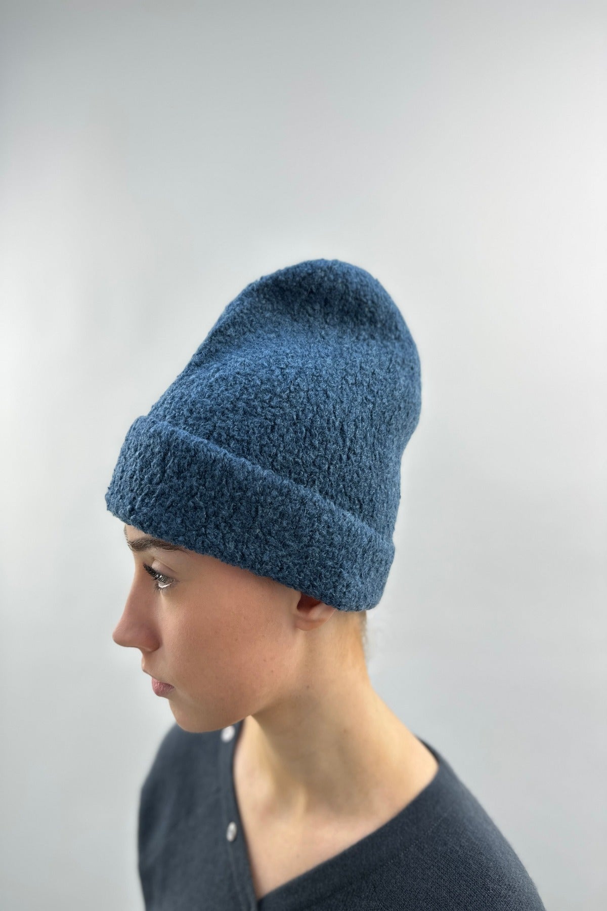 boucle hat teal colour side view
