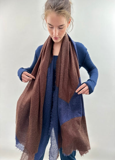 long view of shapes scarf navy brown