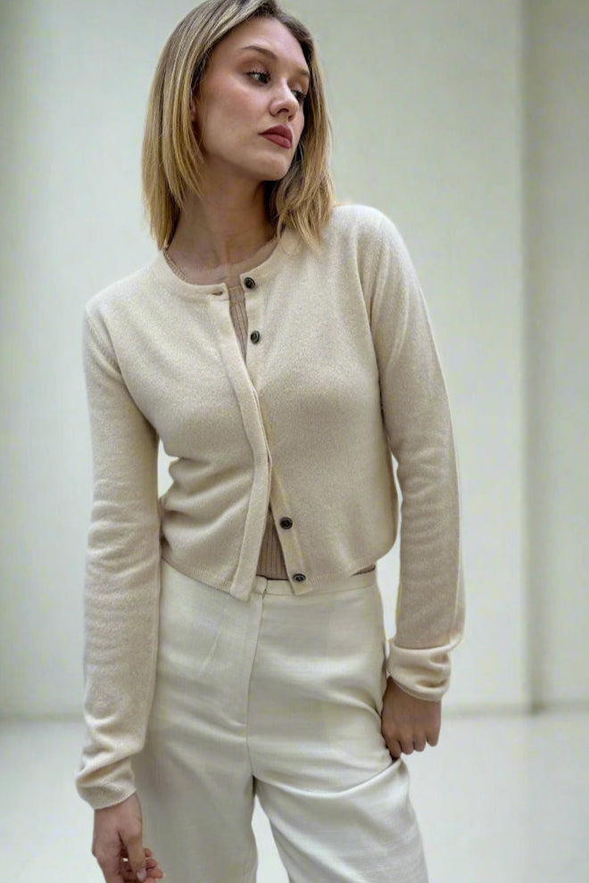 rox feather on model cashmere crew neck cardigan