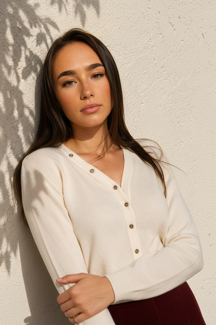 A woman with long dark brown hair leans against a textured off-white wall, wearing a cream-colored knit cardigan with a buttoned V-neckline.