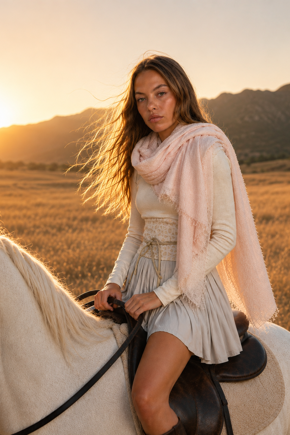 A woman with long light brown hair sits on a white horse in an open field at sunset, wearing a cream long-sleeve top, a pleated light gray skirt, and a soft blush pink shawl draped over her shoulders.