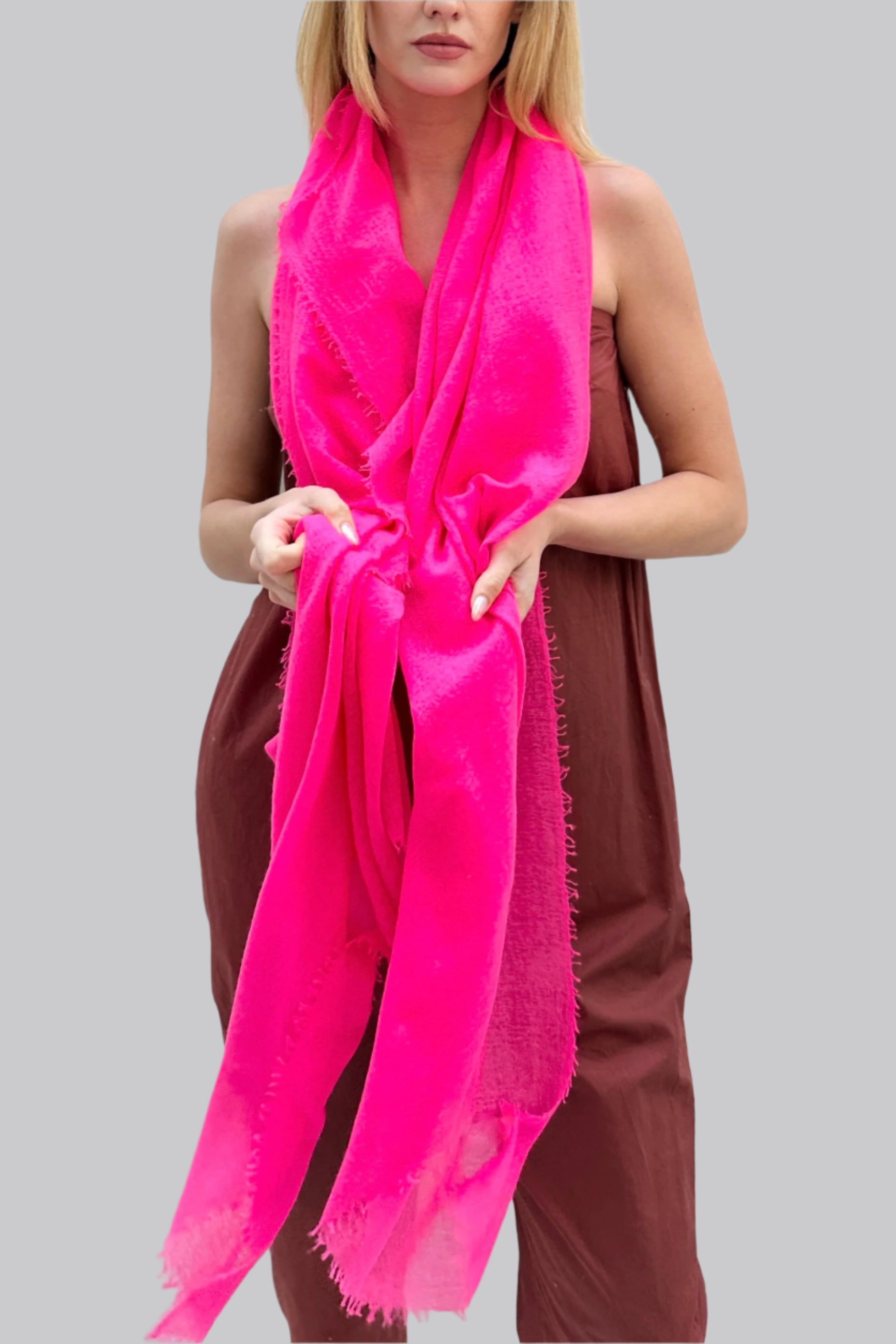 Marmee neon pink long view cashmere scarf