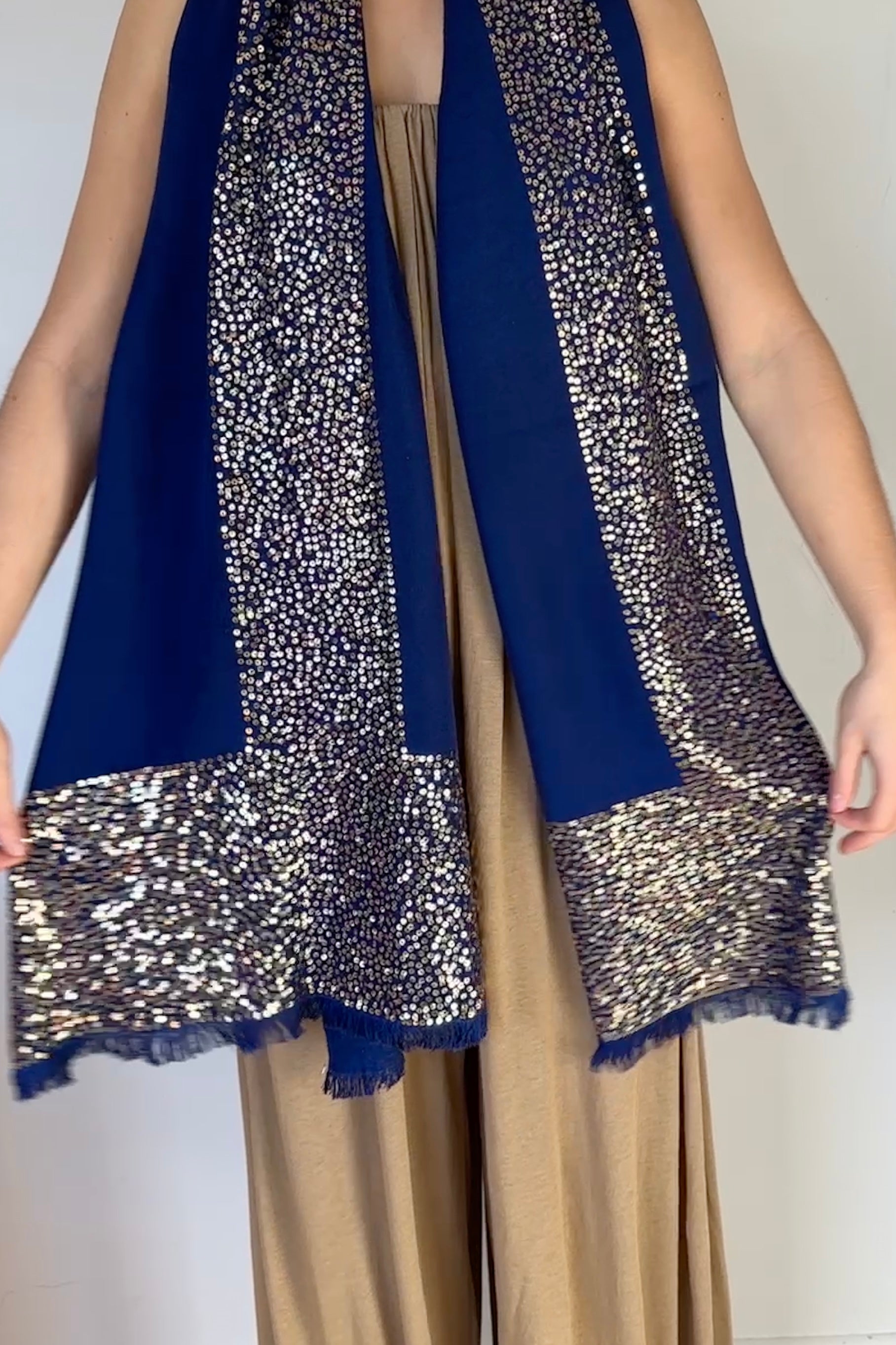 model in blue navy sequin sparkle scarf