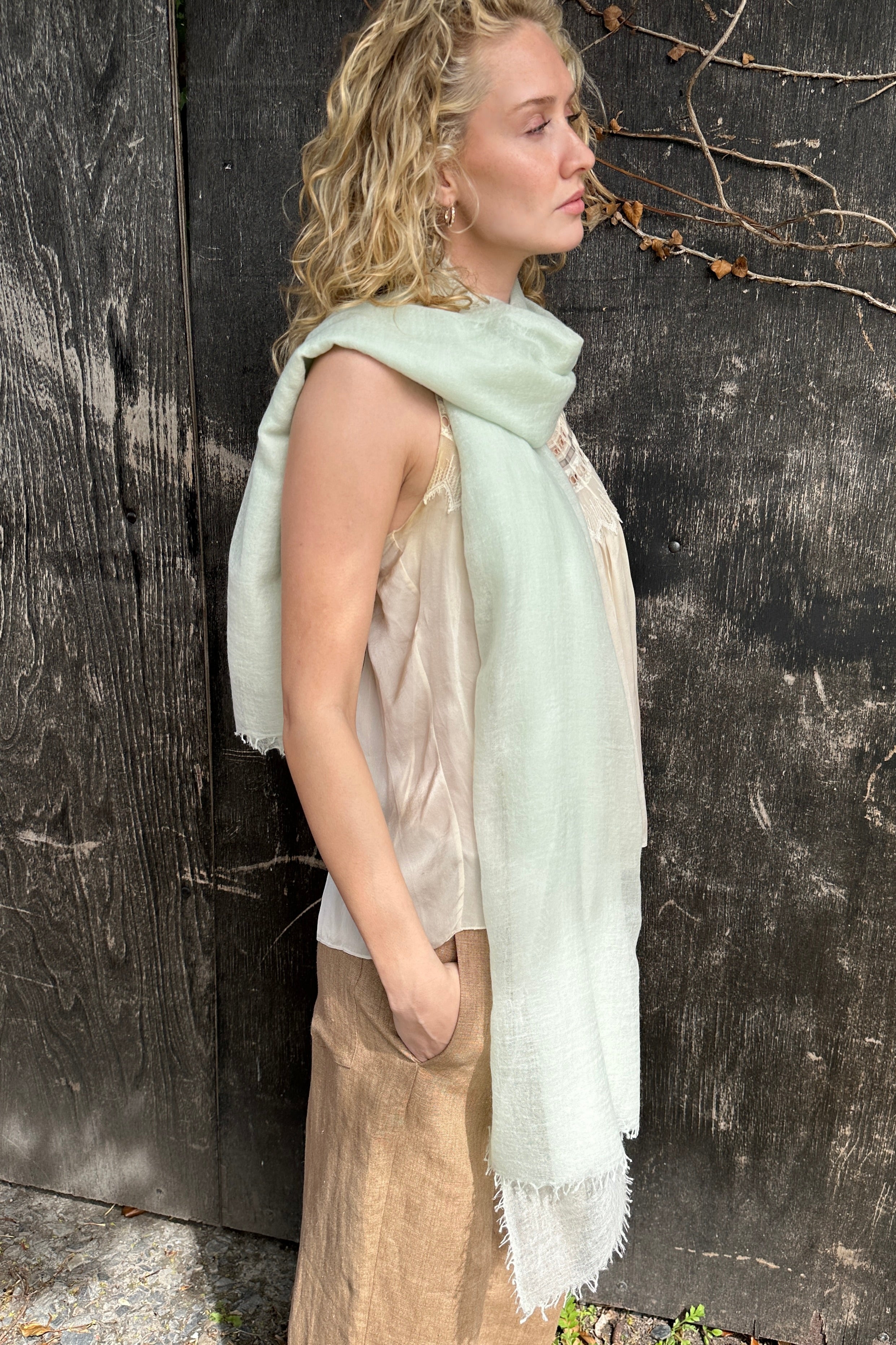 Marmee mint green cashmere scarf side view