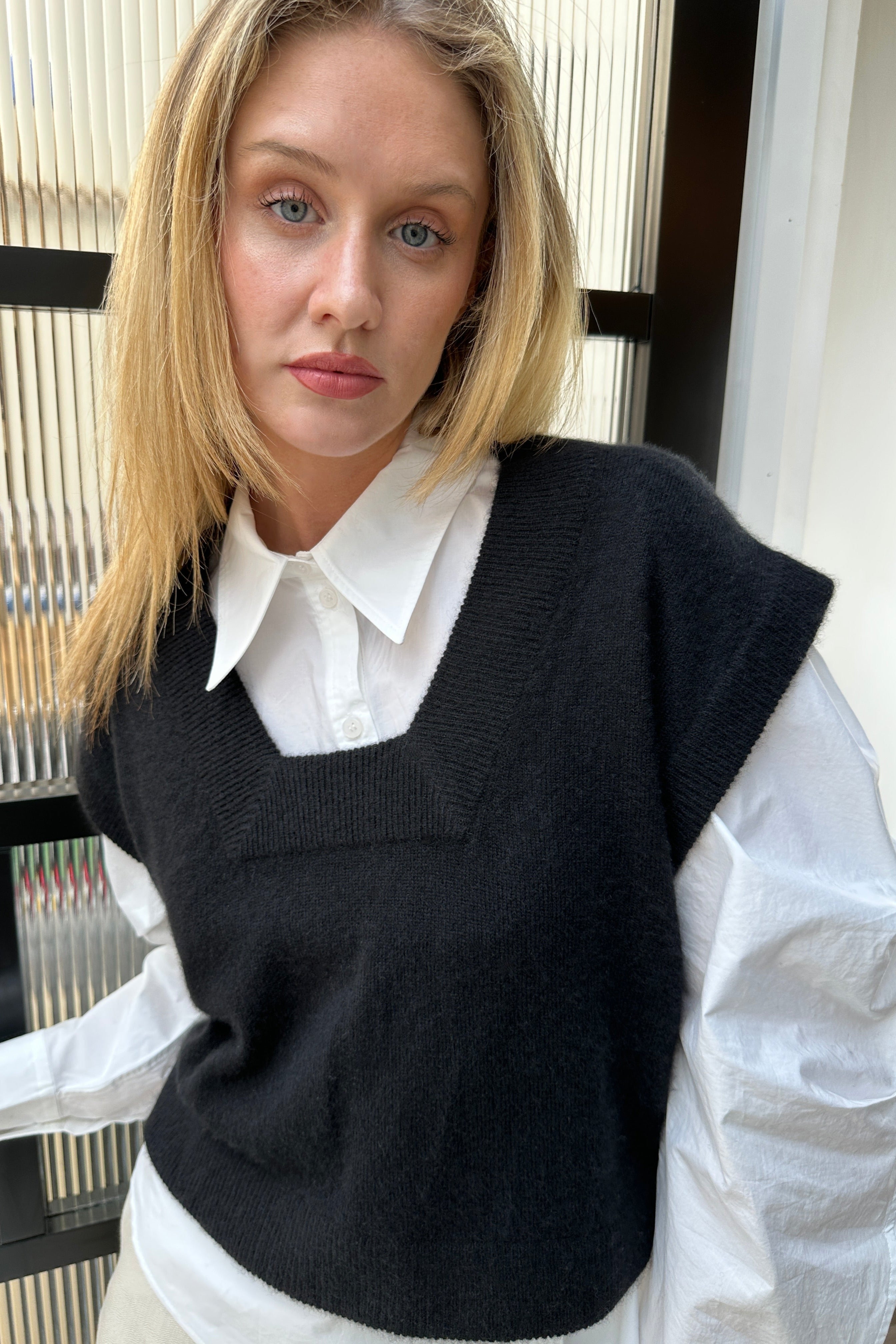 inka black cashmere tank top close up square neck front view
