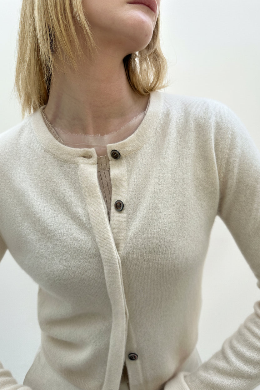 rox feather cashmere round neck cardigan close up