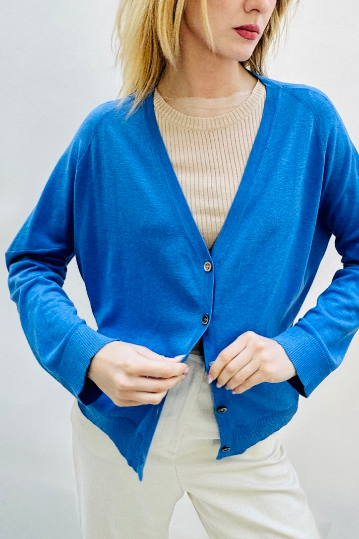 Bru silk cashmere cornflower blue v neck cardigan close up 2