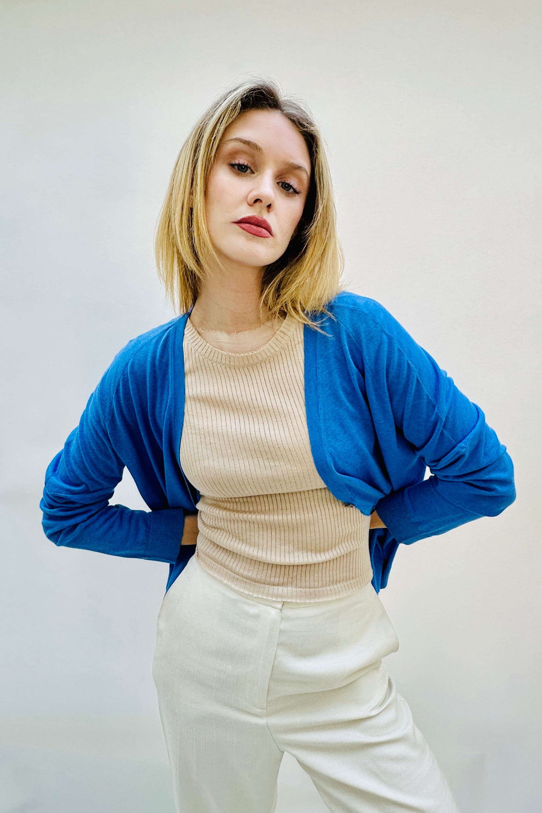 Bru silk cashmere cornflower blue v neck cardigan view 3